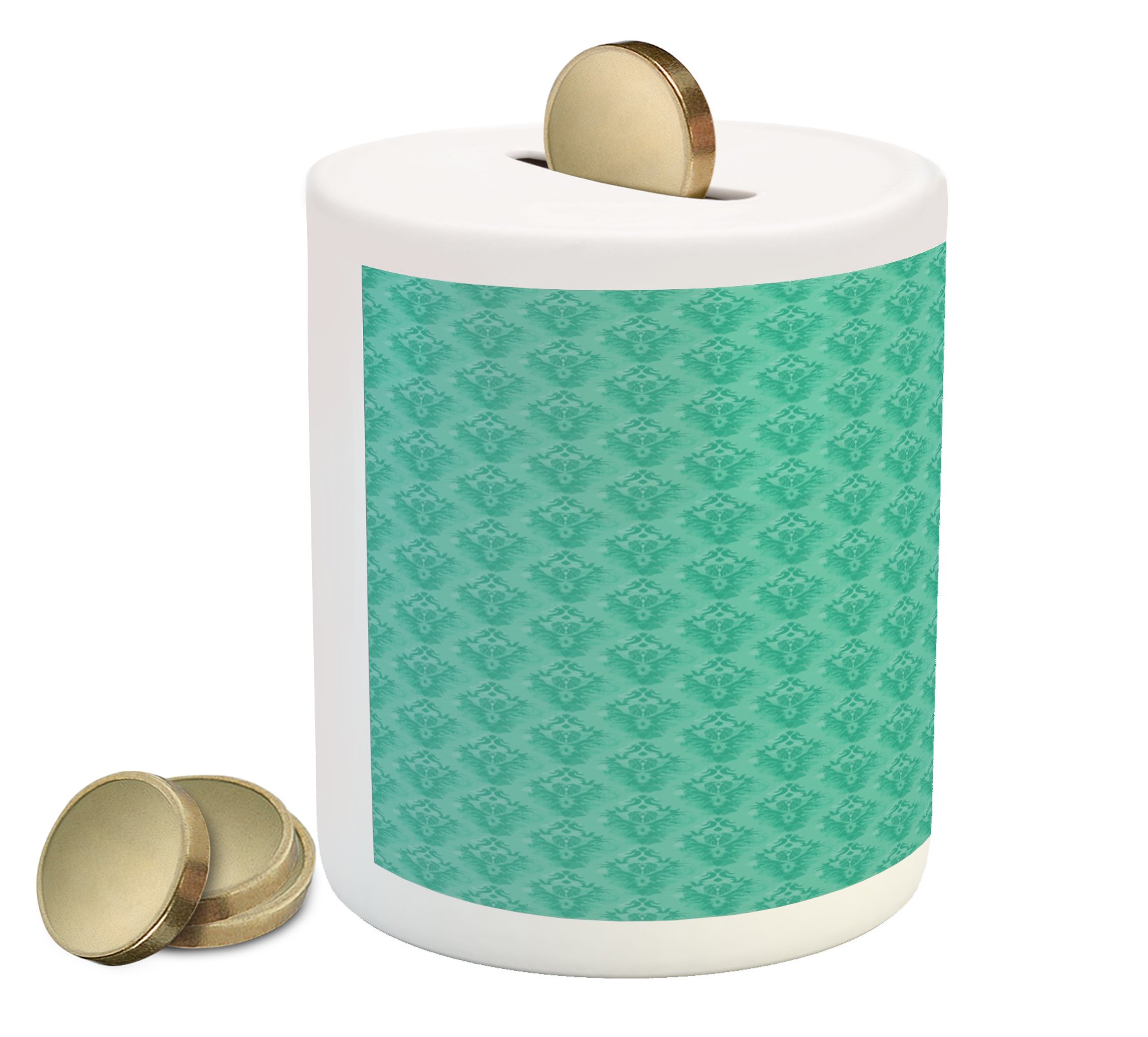 Ambesonne Ceramic Piggy Bank - Vintage Damask Floral Design with Eastern Details, Money Saving Coin Bank for Cash & Coins | Perfect for Kids' Savings, Home Decor & Gift Giving