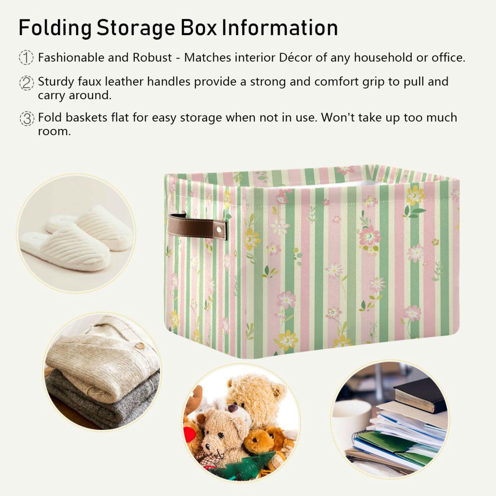 Foldable Striped Flower Large Square Storage Basket Bin with Handles (2-Pack) - Multi-Functional Organizer for Closet, Shelf, Nursery | Perfect for Storing Toys, Books, Clothes & Home Organization