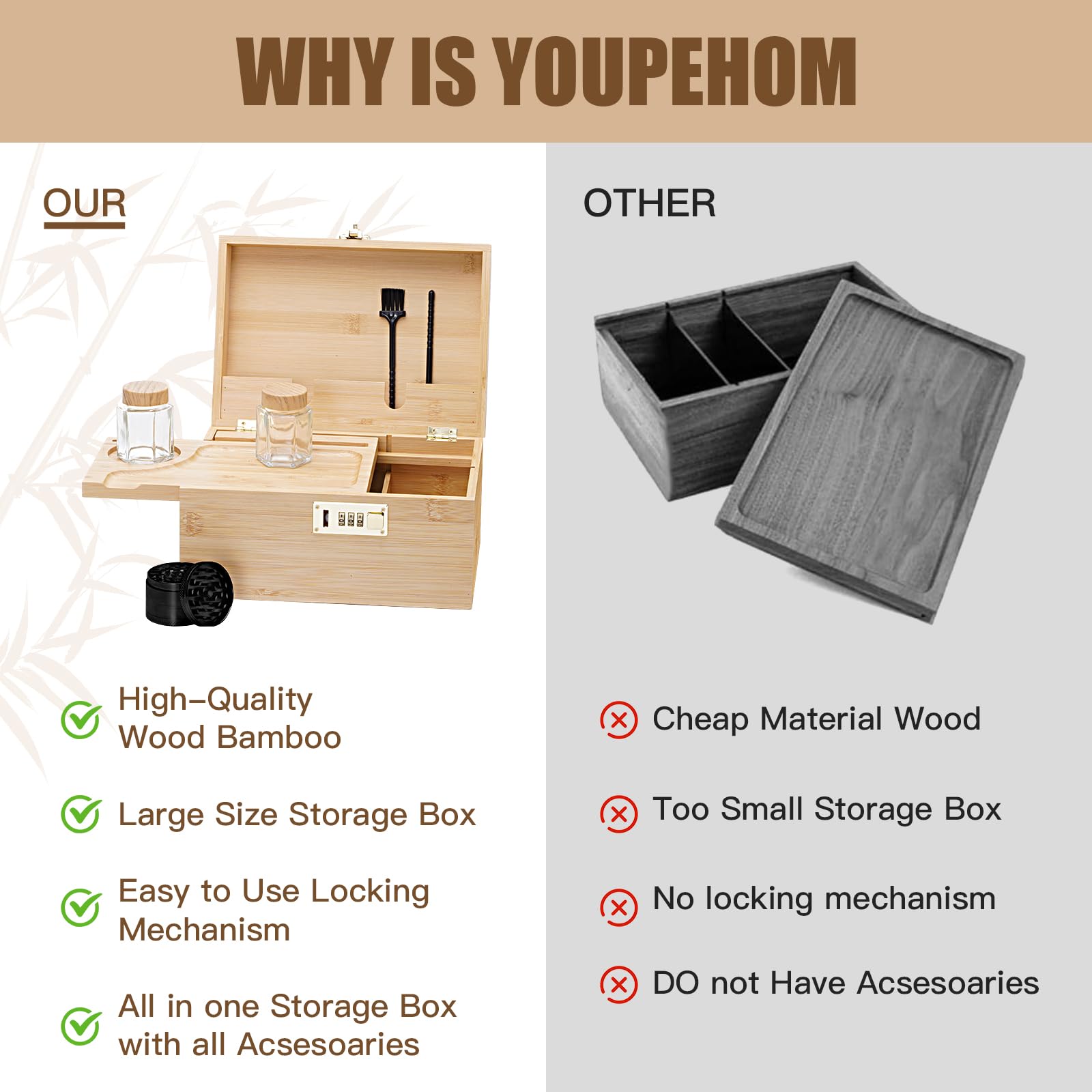 Large Bamboo Storage Box with Combination Lock - Decorative Wooden Lock Box with Removable Tray & Jars - Perfect for Home Organization, Jewelry Storage & Gift Packaging