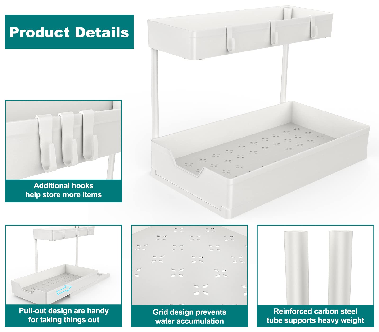 2-Tier Under Sink Organizer Set - 2 Pack Sliding L-Shaped Cabinet Storage for Kitchen & Bathroom - Space Saving Drawer Organizer for Narrow Spaces (White) - Perfect for Small Apartments & Cluttered Cabinets