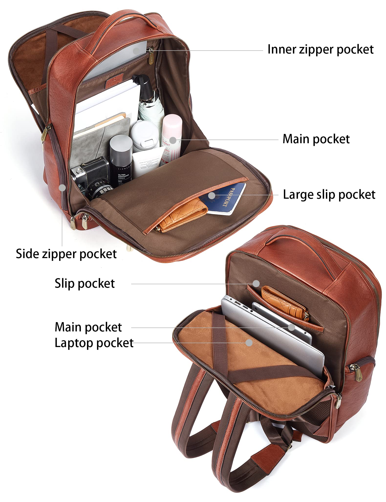 BOSTANTEN Genuine Leather Backpack for Men - 15.6 Inch Laptop Backpack with USB Charging Port, College Travel Business Backpack - Coffee Brown - Perfect for Work, School & Daily Commute