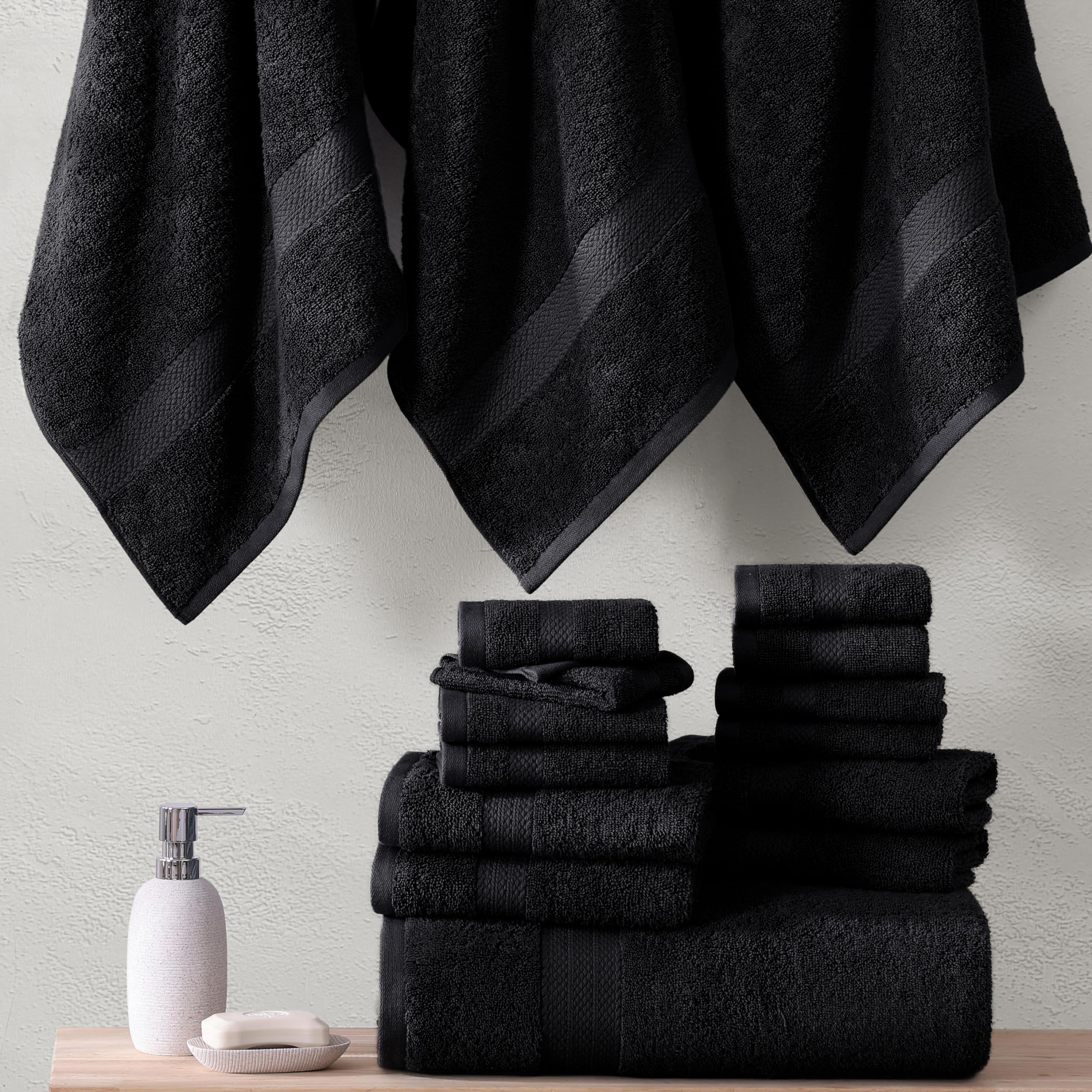 SNOWDROP 24-Piece Bathroom Towel Set - Ultra Soft Microfiber Bath Sheets, Bath Towels, Hand Towels & Wash Cloths for Spa, Gym, Hotel & Home Use - Includes 2 XL Bath Sheets, 4 Bath Towels, 6 Hand Towels, 8 Wash Cloths & 4 Fingertip Towels - Black
