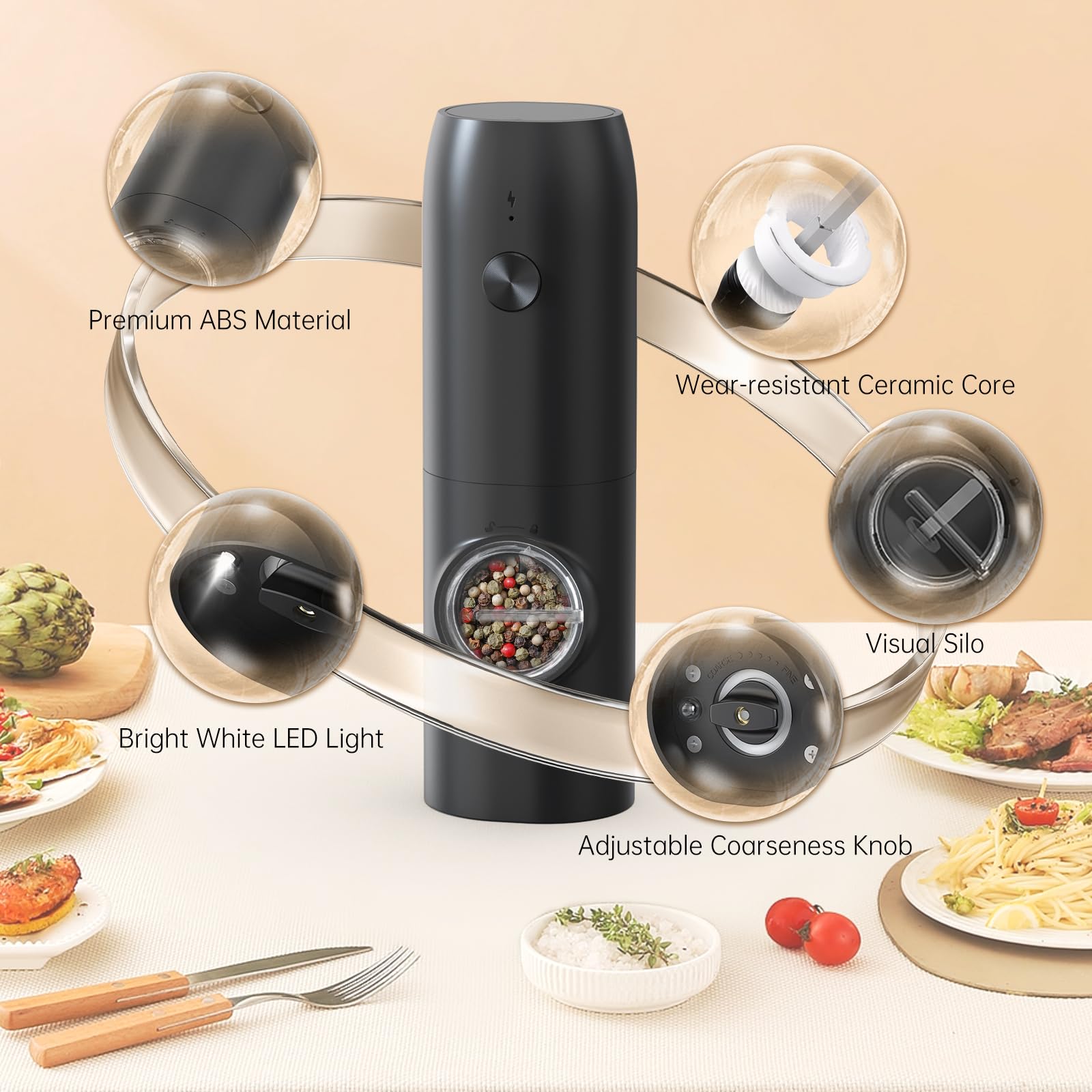 Premium Electric Pepper Grinder & Salt Mill Set - USB Rechargeable with Charging Base, Adjustable Ceramic Grinder, Automatic Spice Dispenser for Kitchen, Dining & Cooking - Perfect for Home Chefs & Gourmet Meals