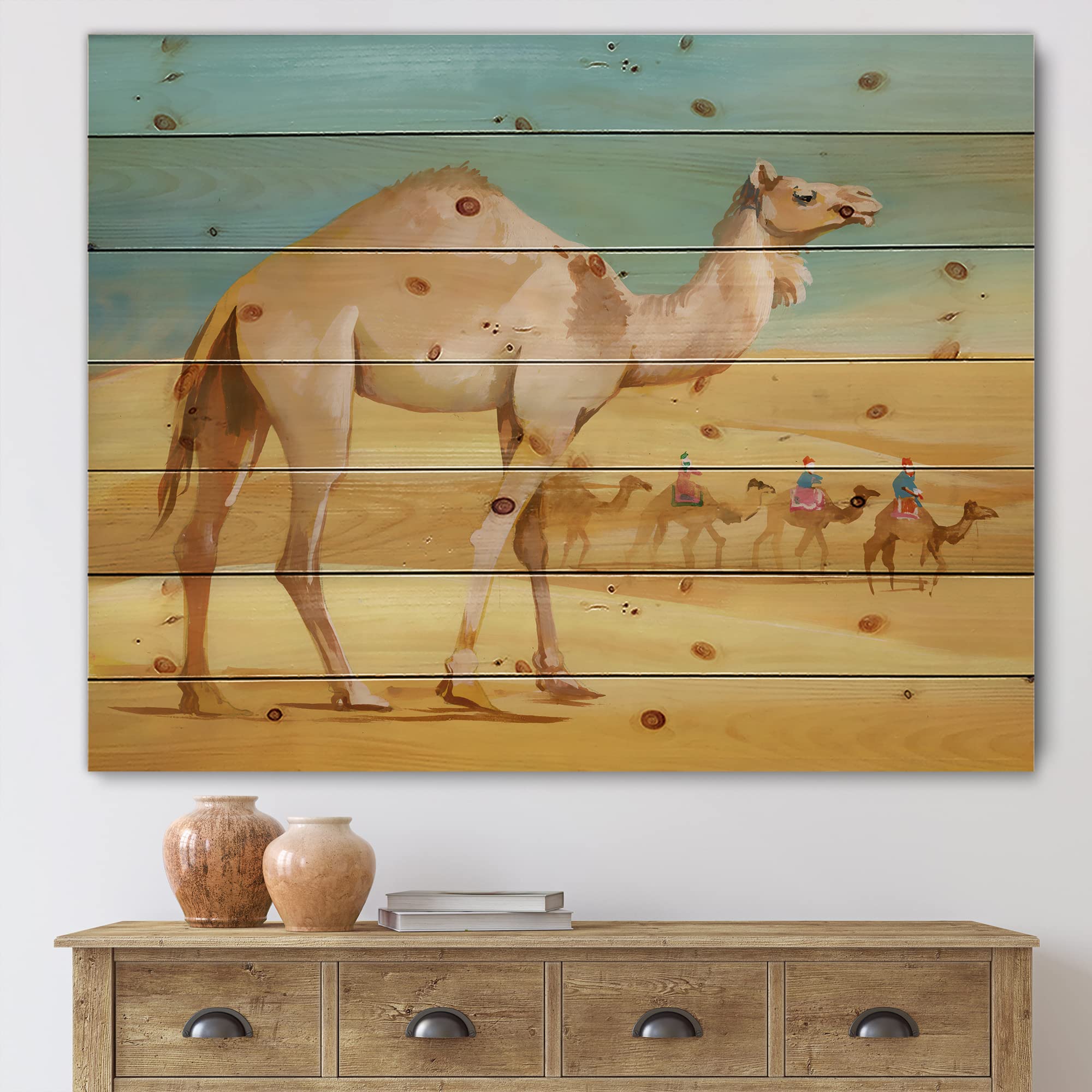 Desert Farmhouse Wood Wall Decor - Camels on Yellow Wood Wall Art, Large Animal Wood Panels Printed on Natural Pine - Perfect for Living Room, Bedroom & Office Decor