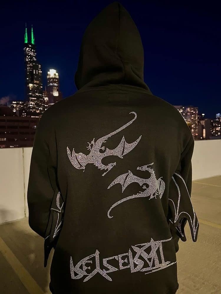 Y2K Men's Fashion Streetwear Zip-Up Hoodie with Fire Dragon Rhinestone Design - Unisex Sports Jacket for Casual Wear & Street Style