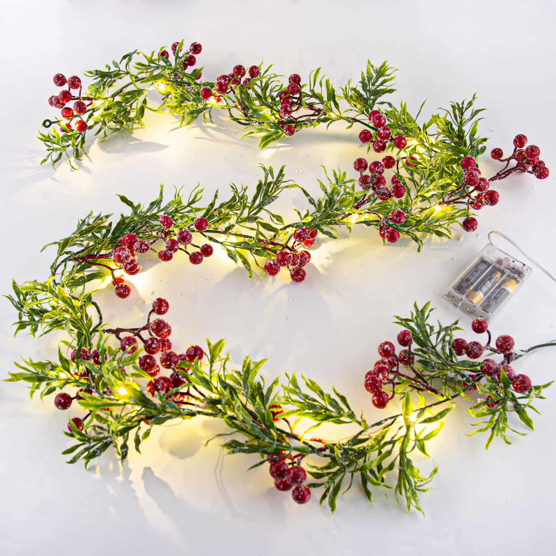 2 Pack Artificial Christmas Garland with 162 Snowy Red Berries & 55 Green Leaves - 20 LED Battery Operated String Lights for Indoor Outdoor Holiday Decor - Perfect for Xmas Mantle, Staircase, Fireplace & Front Door Decorations