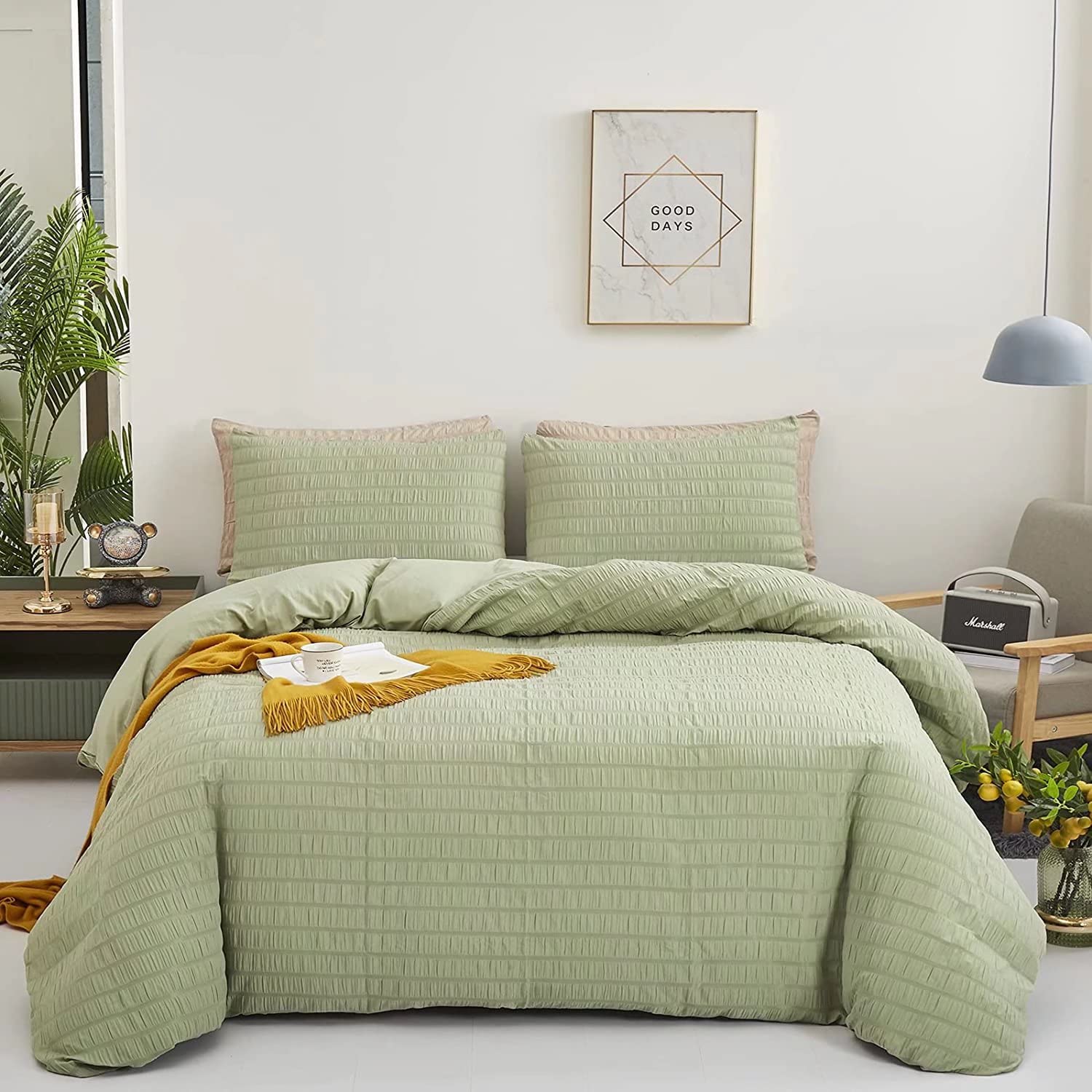 Sage Green Comforter Set Full Size - Light Green Seersucker Bedding with Pintuck Design, Soft Gauze Fabric for Boys & Girls Teens - Perfect for Cozy Bedrooms, Dorm Rooms & Guest Rooms