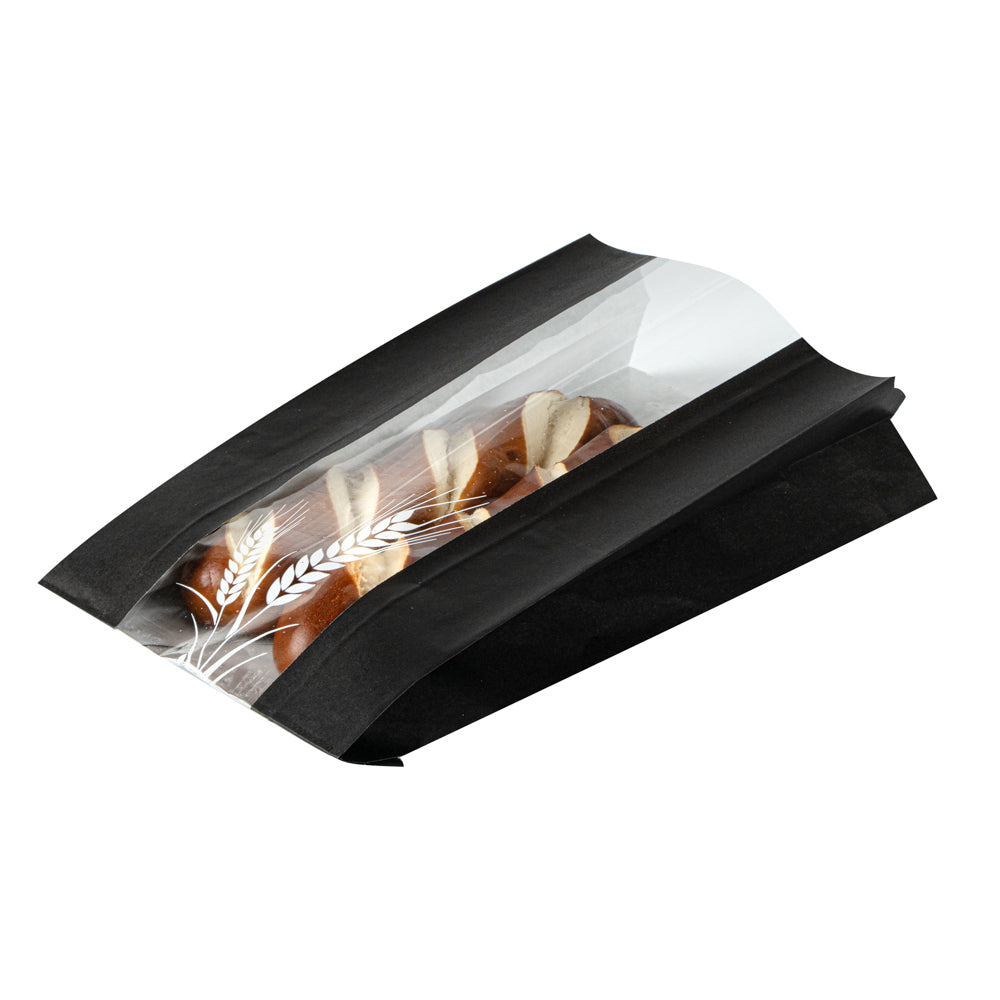 Black Paper Bread Bags - Micro Perforated, Greaseproof, Wheat Pattern (5.75