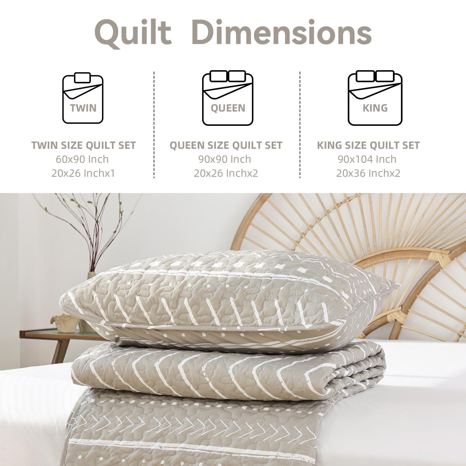 JANZAA Boho Queen Size Quilt Set 3PCS - Reversible Oatmeal Coverlet with 2 Pillowcases | All-Season Bedding for Cozy Home, Guest Room & Vacation House Decor
