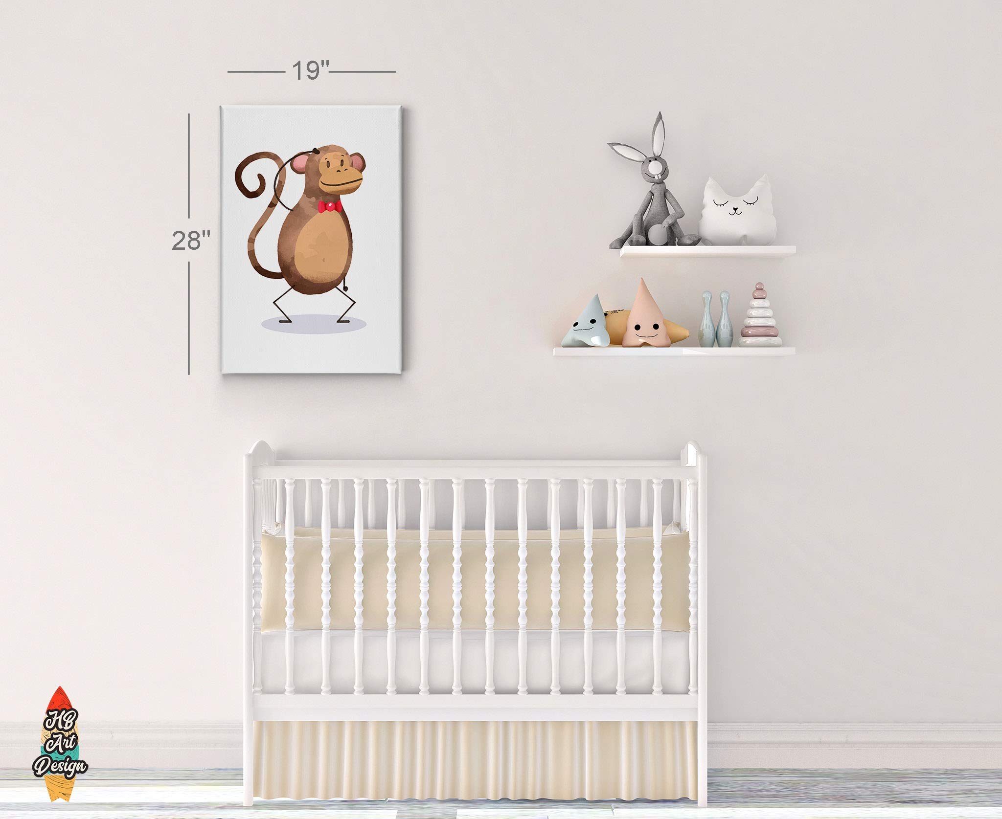 Handmade Monkey Painting Nursery Wall Art - 40x30 Inch Canvas Print for Baby Girl & Boy Room Decor - Framed & Ready to Hang - USA Made - Perfect for Kids Bedroom, Playroom & Baby Shower Gifts