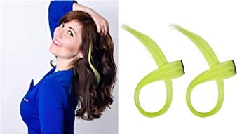 KAVIN Clip In Straight Hair Extensions - Set of 2 Neon Green Colored Hair Streaks for Women & Girls | Halloween Costume Accessories, Cosplay, Party Hairstyles & Fashion Highlights