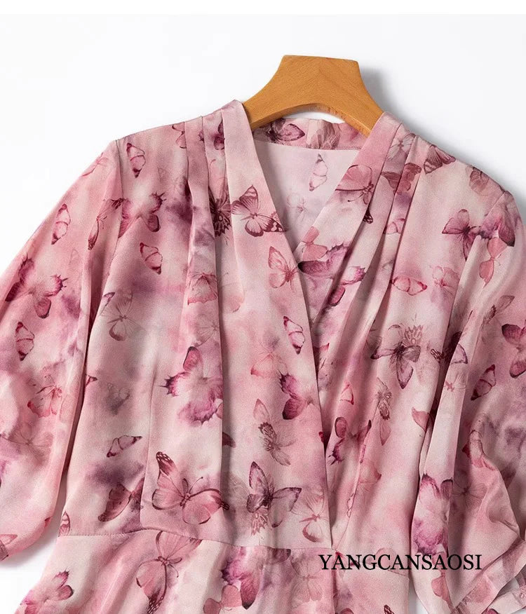 French Artistic Pink Purple Butterfly Print 1.2m Extended Hem 100% Mulberry Silk Women's Dress - Elegant Evening Gown for Weddings, Parties & Special Occasions