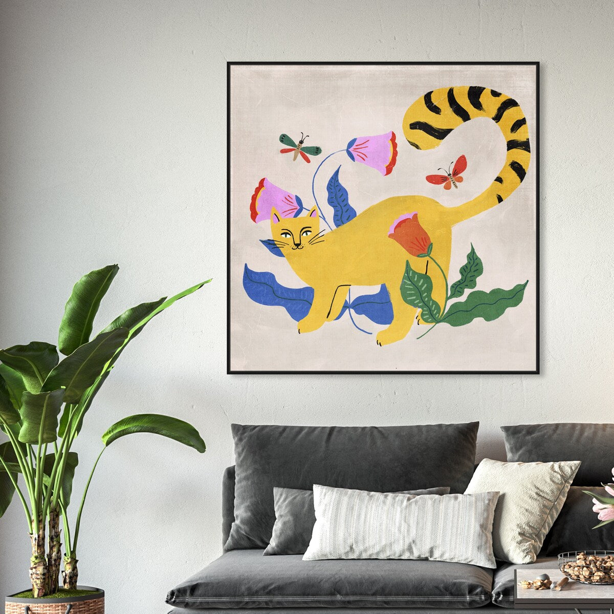 Blonde Tabby Floral Kitten Butterfly Garden Modern Yellow Framed Canvas Wall Art Print - Home Decor for Bedroom, Living Room & Nursery