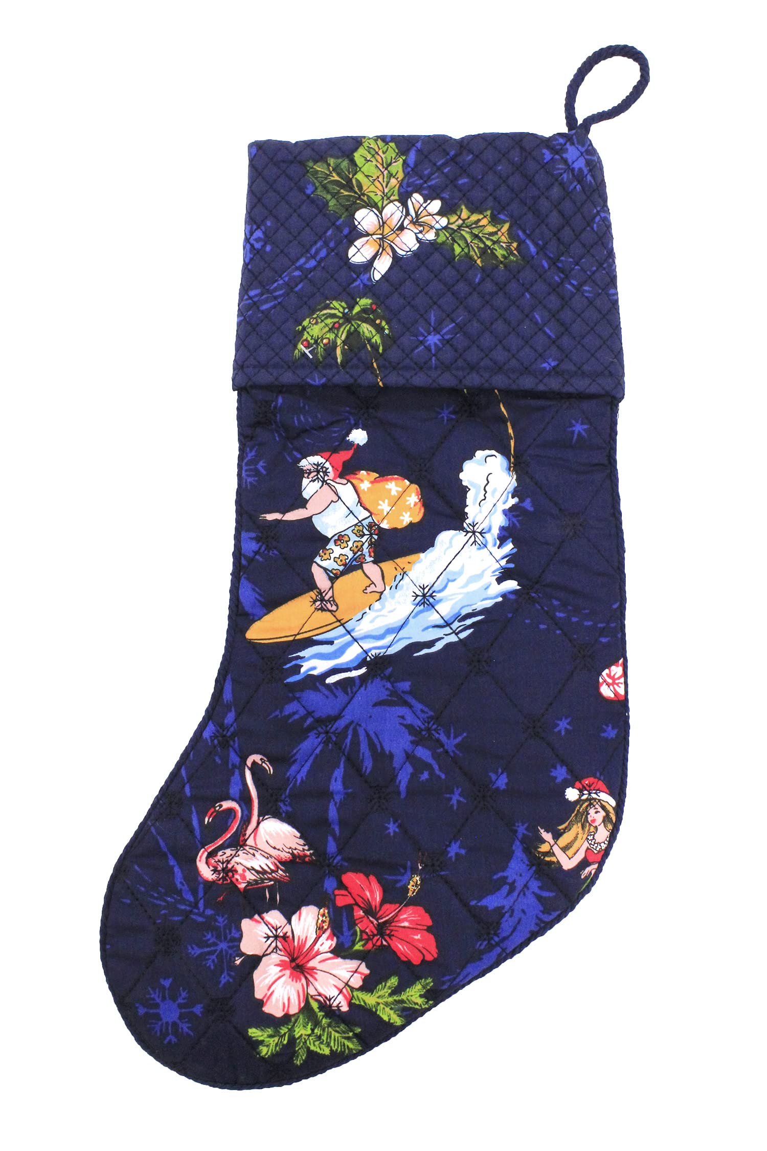 Santa in Hawaii Navy Snowflake Quilted Cotton Christmas Stockings - Holiday Decor for Fireplace, Tree & Festive Home Decor