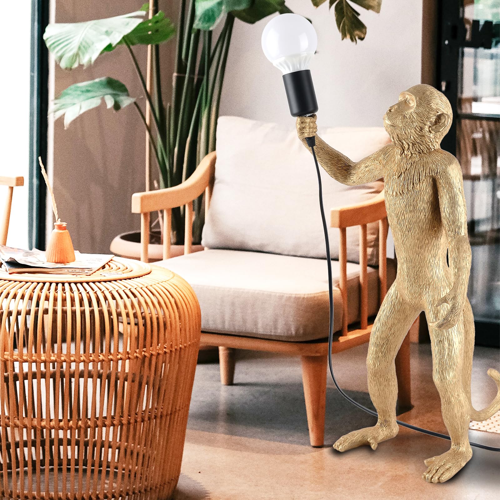 Modern Resin Standing Monkey Table Lamp - LED Desk Lamp for Home Decor, Bedroom, Living Room, Office & Kids Room - Stylish Animal Night Light (Gold Standing) - Perfect for Reading, Study & Ambient Lighting