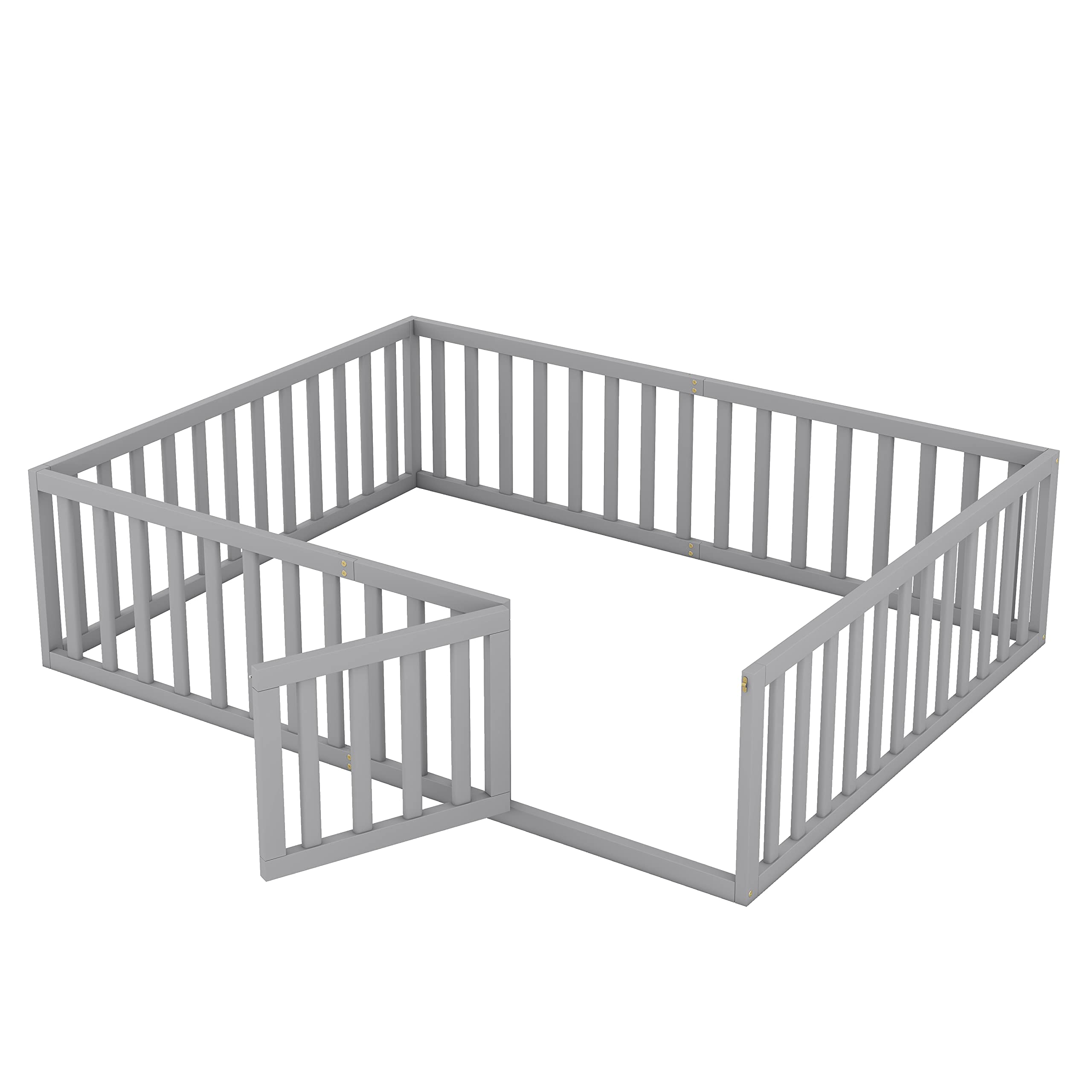 Harper & Bright Designs Queen Size Montessori Floor Bed with Safety Fence - Solid Wood Platform Bed Frame for Kids, Boys & Girls - Gray - Perfect for Child's Room, Playroom & Montessori Learning Spaces
