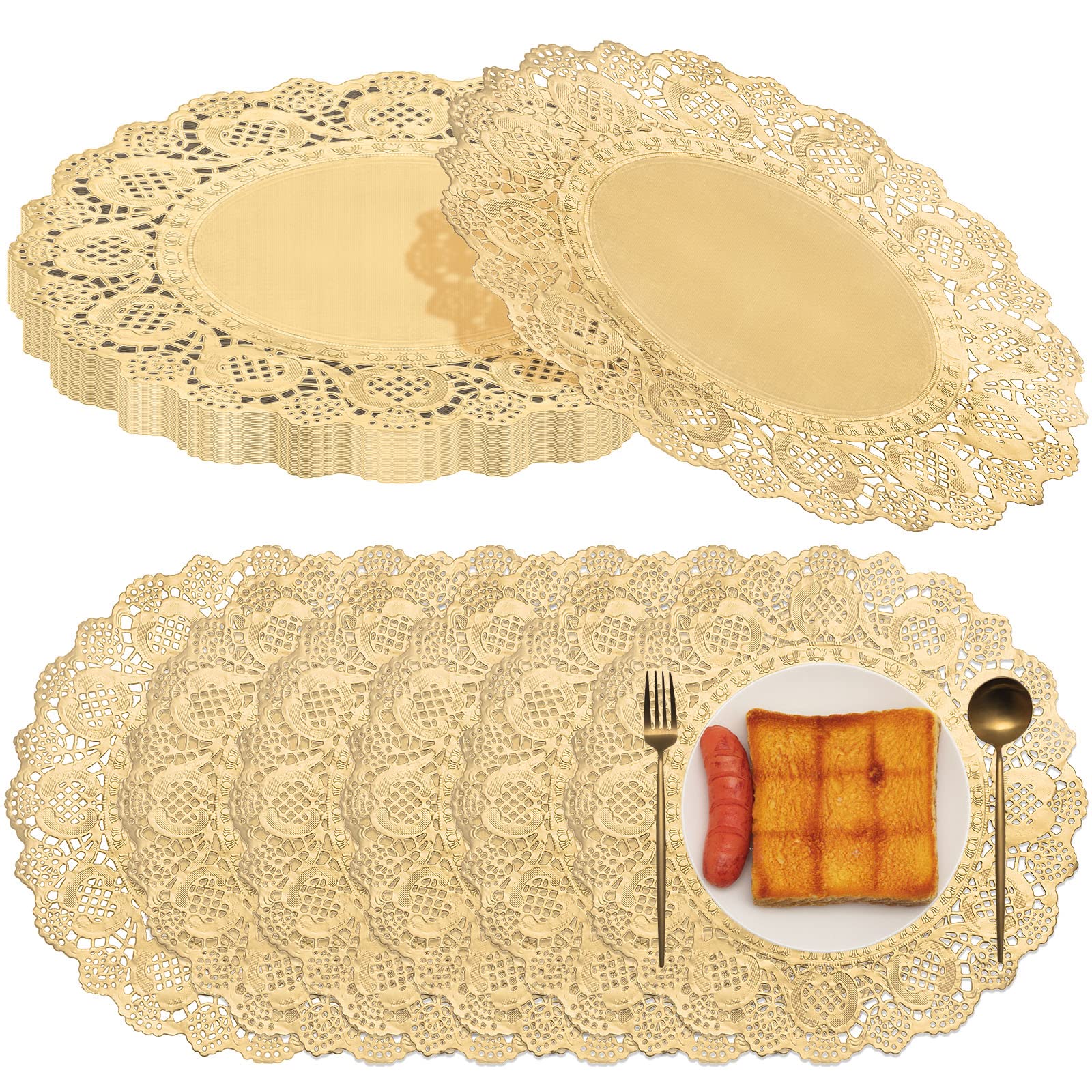 200 Pcs Gold 10 Inch Round Lace Paper Doilies - Elegant Disposable Placemats for Dinner Plates, Desserts, Wedding Tableware & Craft Decorations - Perfect for Party, Tea Time and Special Occasions