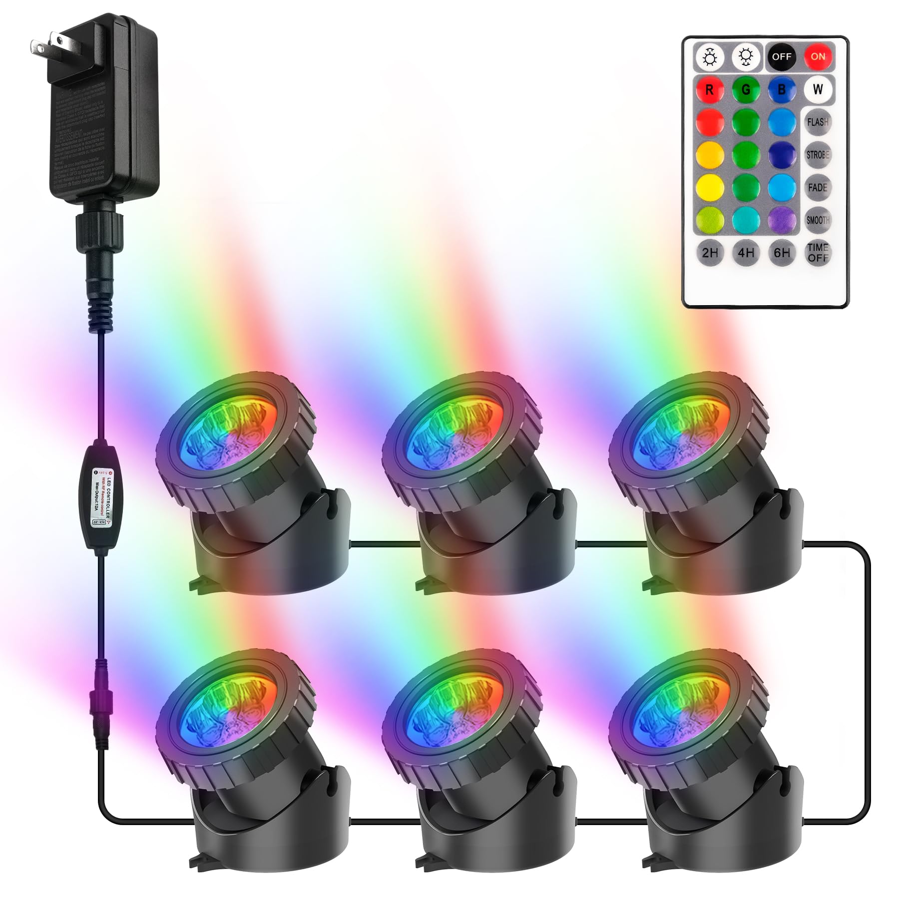 RGB LED Underwater Pond Lights with Timer - IP68 Waterproof Submersible Landscape Spotlights, 98ft Remote Control Color Changing Fountain Lights for Fish Tank, Aquarium, Garden, Yard, Pool (Set of 6) - Perfect for Outdoor Decor, Nighttime Illumination & Water Feature Accent Lighting