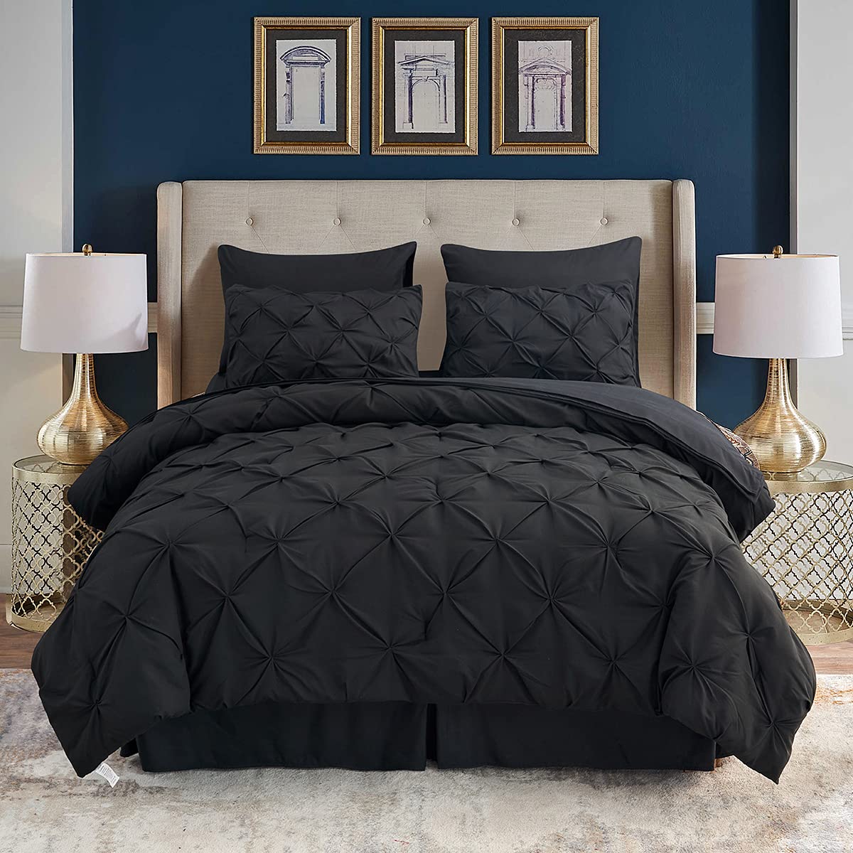 HAOK 8-Piece Pinch Pleat Bedding Comforter Set - 500GSM Microfiber Down Alternative Comforter with Pintuck Design (Black, King Size) for Luxury Master Bedroom & Guest Room Decor