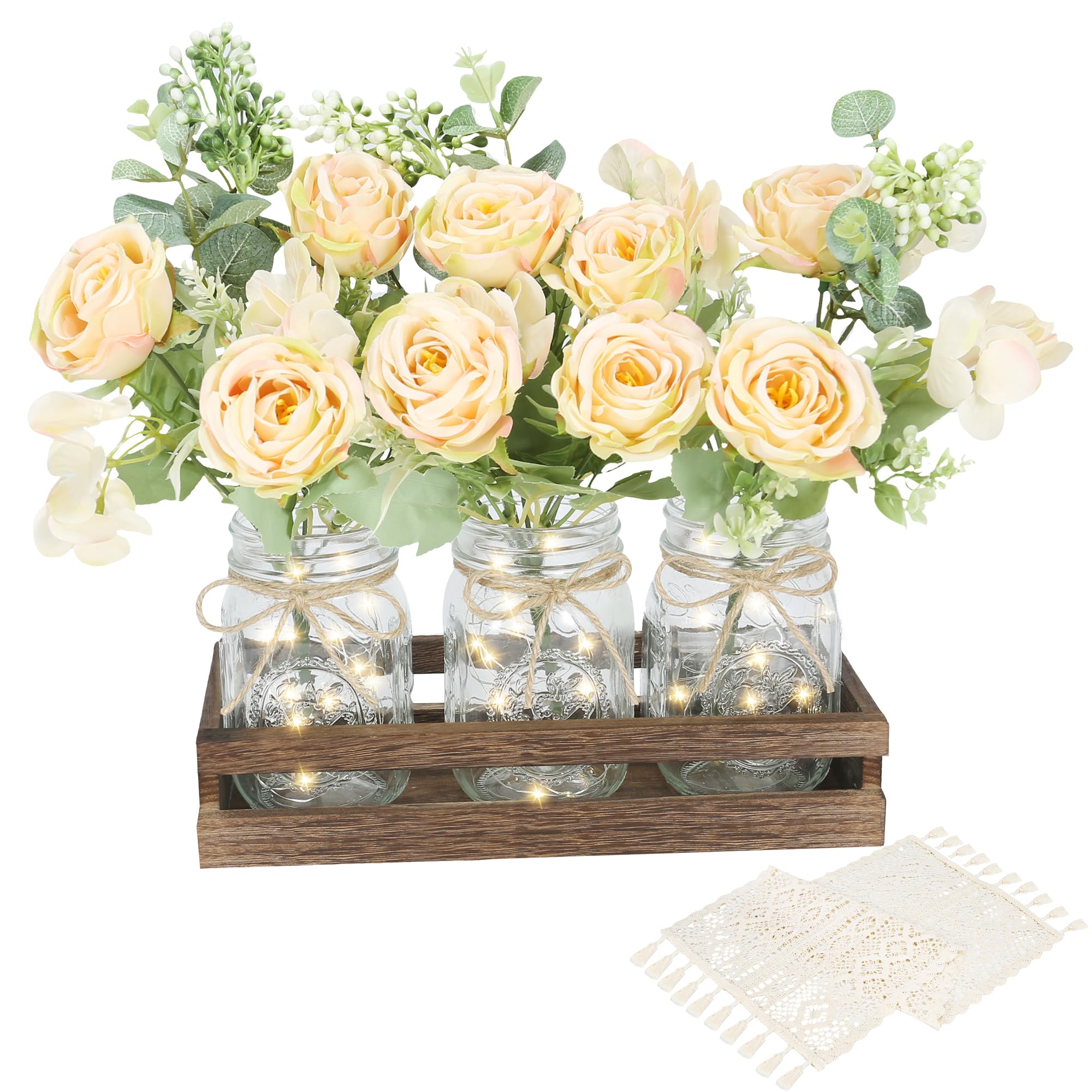 Rustic Mason Jar Lights with Wood Tray & Flowers - Farmhouse Table Centerpiece Decor for Kitchen, Dining Room, Living Room | Boho Table Runner & LED Lights for Cozy Home Ambiance