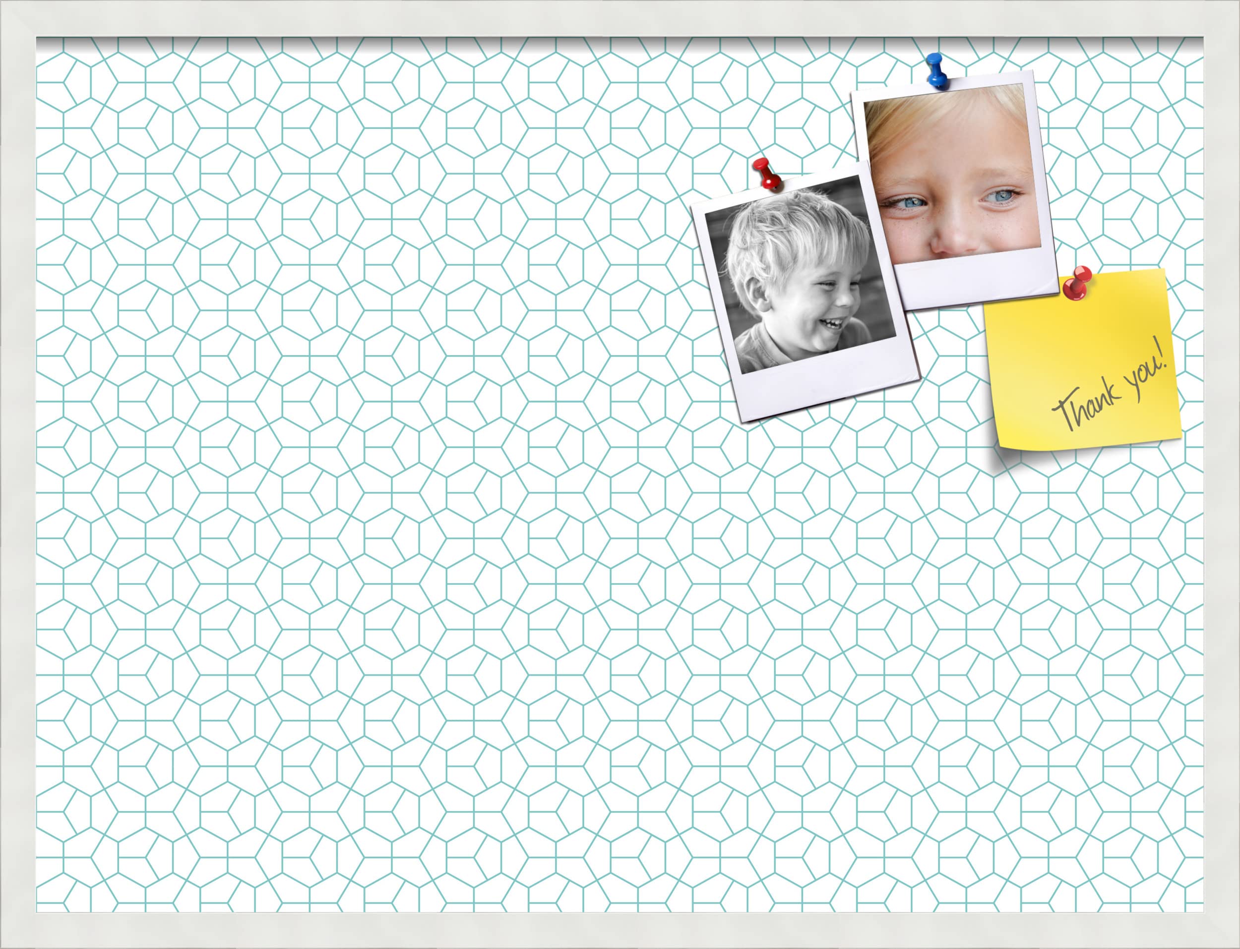 PinPix 32x24 Inch Cork Bulletin Board with Modern Hex Aqua Design & Satin White Frame - Stylish Wall Memo Board for Home Office Decor, School Classroom, Dorm Room Organization & Gift Ideas (PinPix-1540)