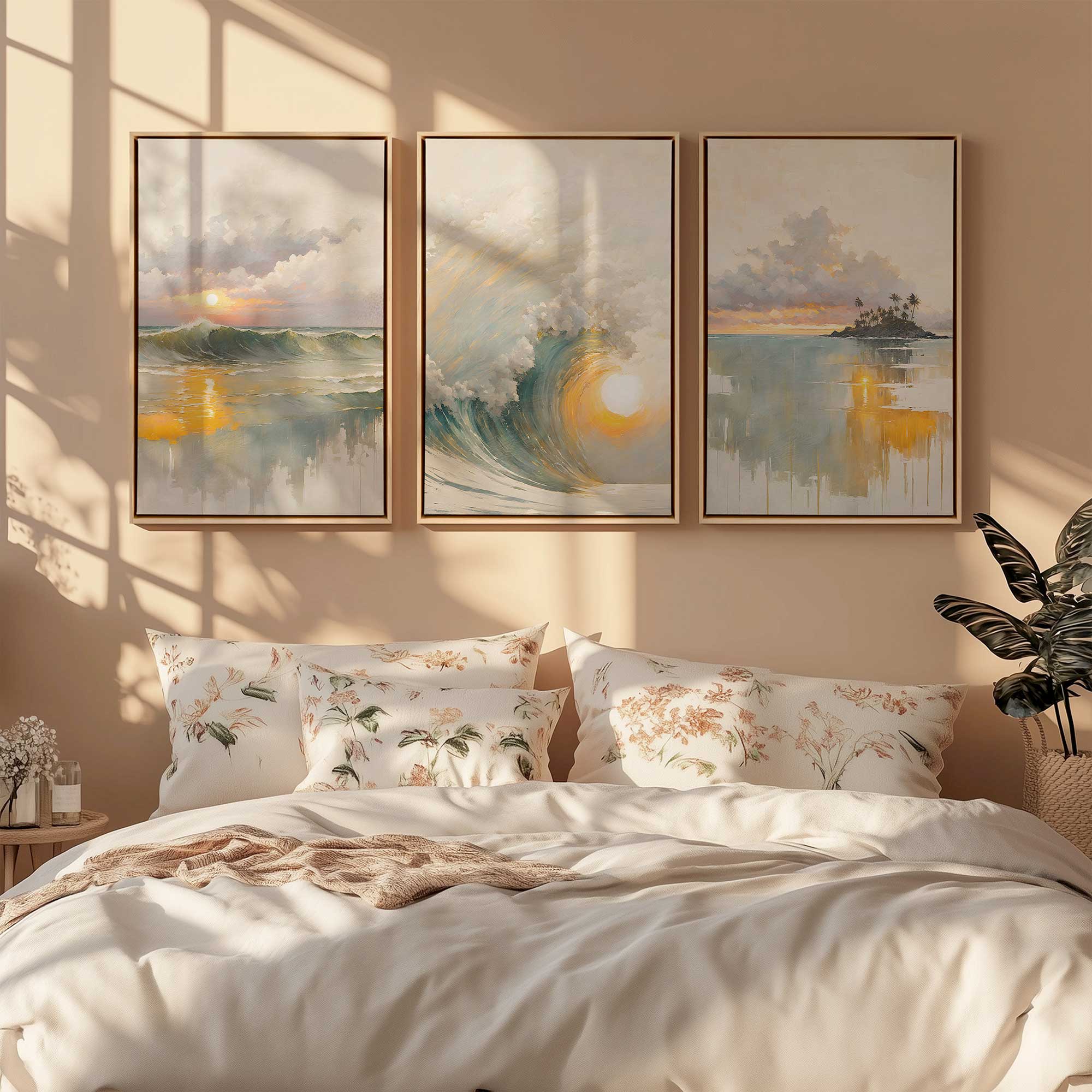 Golden Waves at Sunset - Set of 3 Canvas Wall Art Prints for Living Room, Bedroom & Office Decor | Coastal Beach Theme Home Decoration