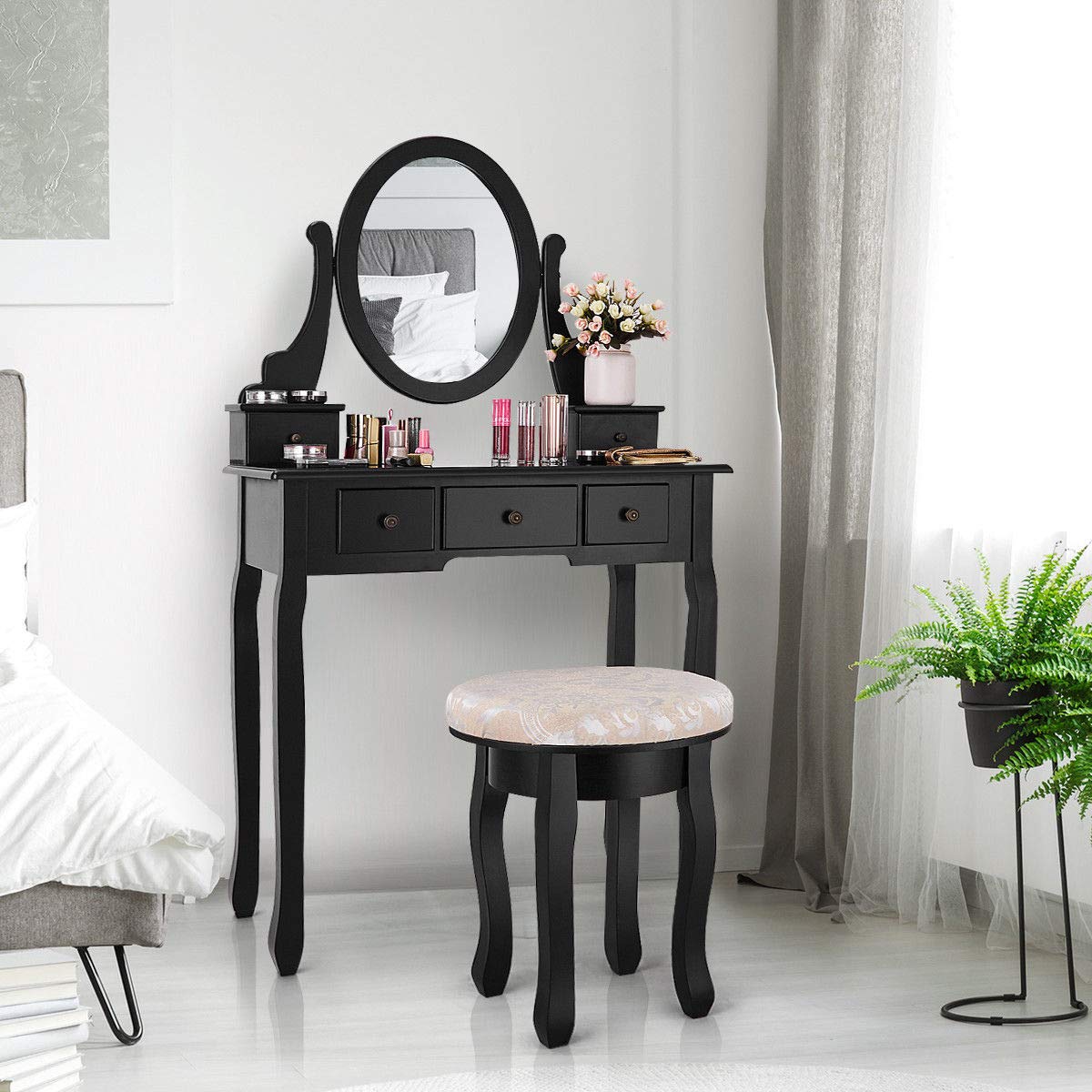 Giantex Vanity Makeup Table Set with Swivel Mirror & Cushioned Stool - 5 Drawer Dressing Table for Bedroom, 360° Rotating Wooden Vanity Desk (Black) - Perfect for Makeup Organization, Dressing Room & Small Space Decor