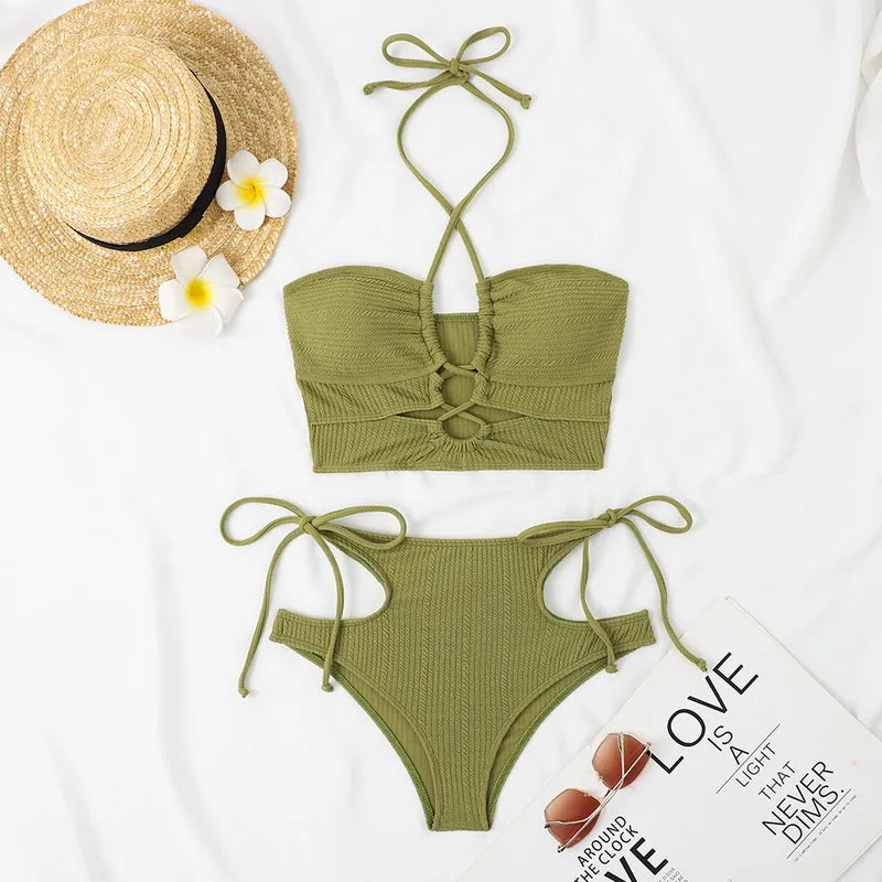 2024 Women's High Waist Bikini Set - Hollow Out Bandage Swimwear, Bandeau Bathing Suit for Beach & Pool | Sexy Summer Swimsuits for Women, Plus Size Swimwear for Vacation & Water Sports