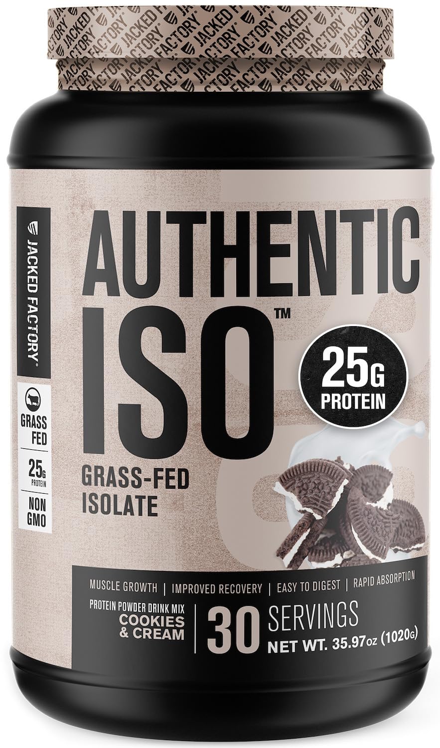 Jacked Factory Grass Fed Whey Protein Isolate Powder - Low Carb, Non-GMO, No Fillers for Muscle Building & Post Workout Recovery | Cookies & Cream Flavor | Ideal for Gym Enthusiasts & Athletes
