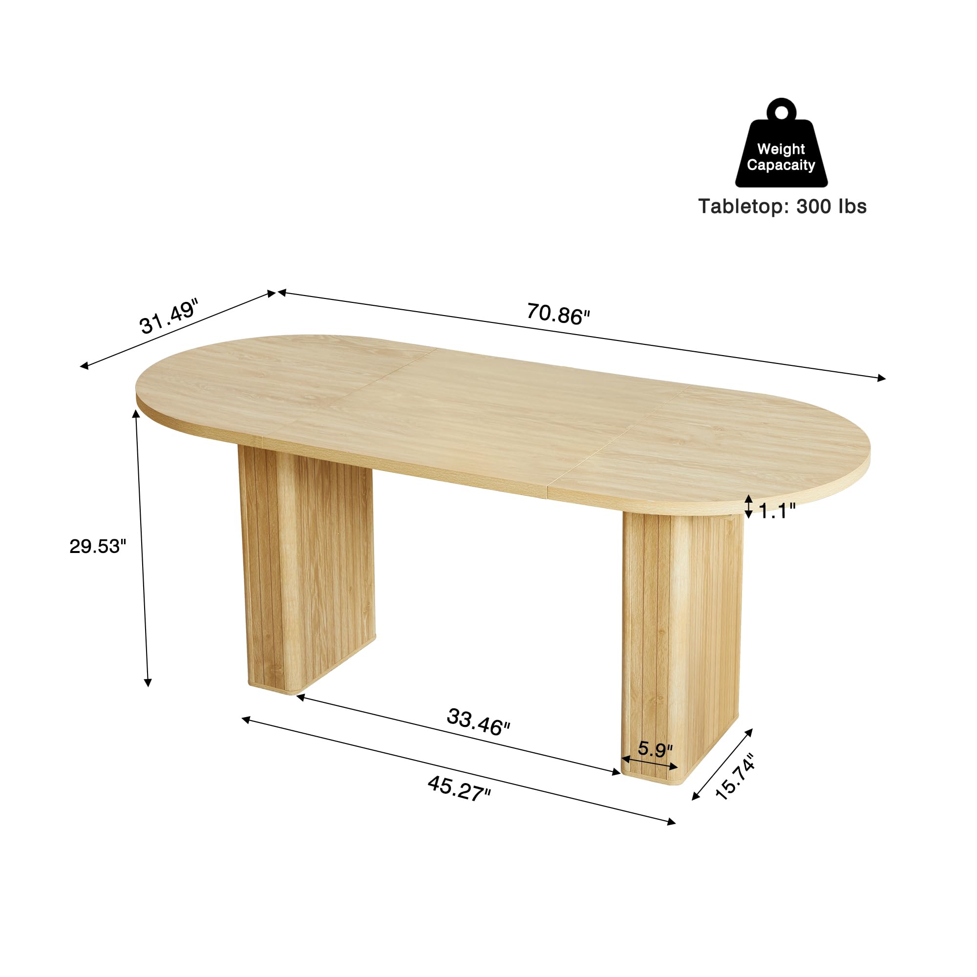 70.8 Inch Oval Dining Table for 4-6 People, Modern Farmhouse Kitchen Table with Wood Strip Base, Large Round Dining Room Table for Kitchen & Living Room - Natural Wood Finish | Perfect for Family Gatherings, Dinner Parties & Small Space Dining Areas