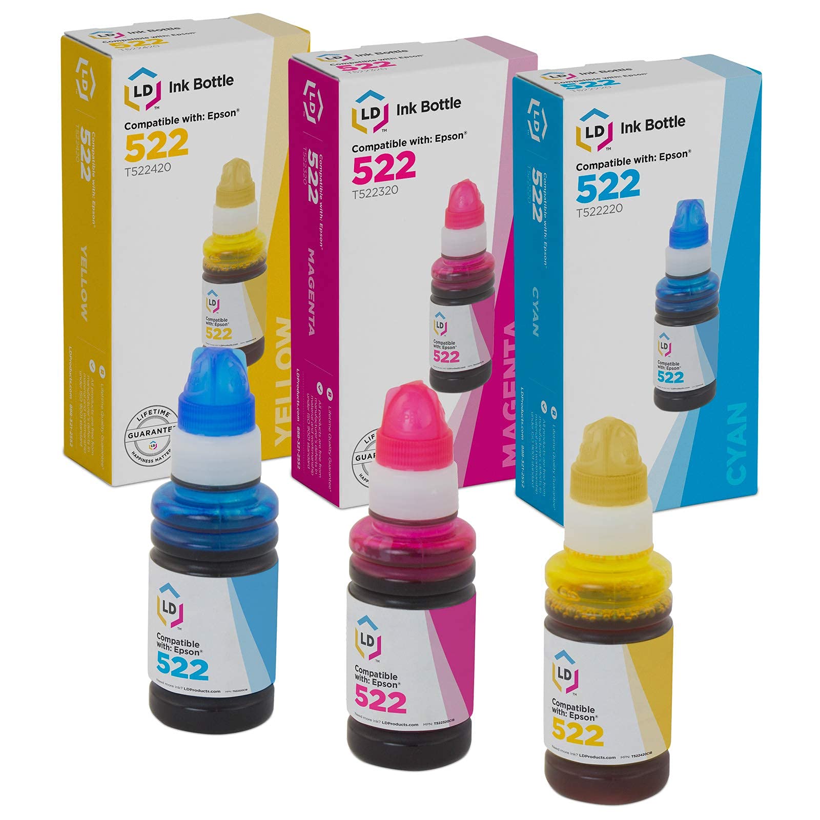 LD Products Compatible Ink Bottle Replacement for Epson 522 (3-Pack, Cyan, Magenta, Yellow) - High-Quality Printer Ink for Epson ET-2720 - Perfect for Home Office Printing, Documents & Photos