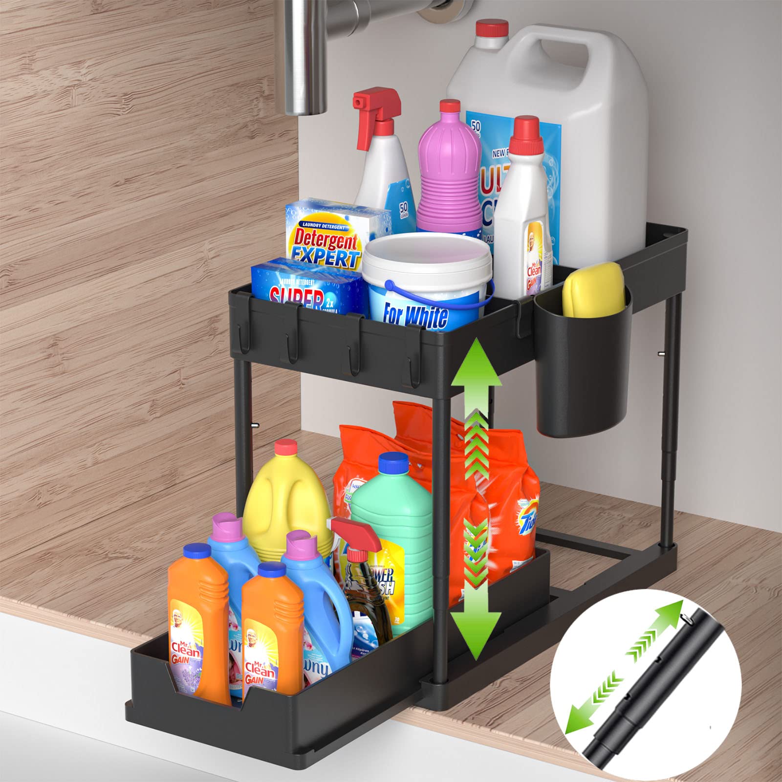 2-Tier Under Sink Organizer with Adjustable Height - Black Bathroom & Kitchen Storage Cabinet with 4 Removable Dividers, 4 Hooks & Cup - Perfect for Maximizing Under-Sink Space in Bathrooms, Kitchens & Laundry Rooms