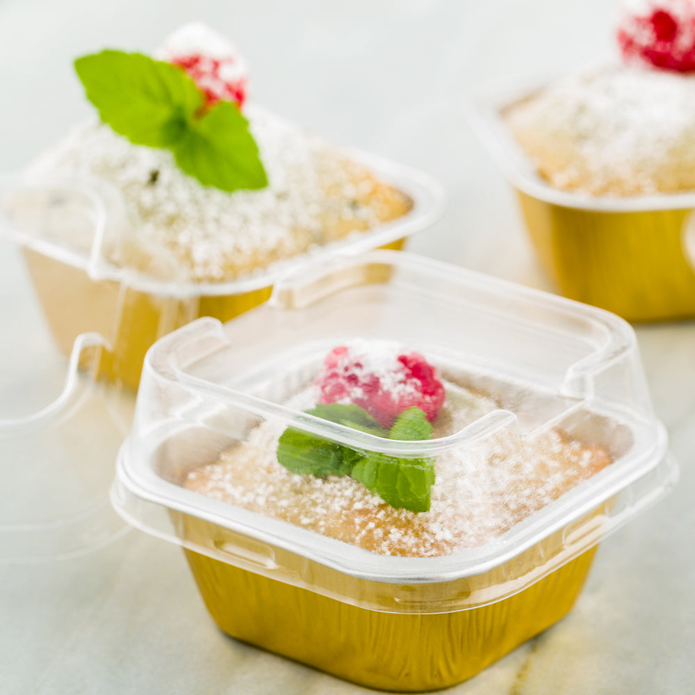 Premium 3oz Square Gold Aluminum Baking Cups with Plastic Dome Lids - 3x3x1.25 Inches - 100 Count Box - Perfect for Cupcakes, Muffins, Candies & Party Desserts