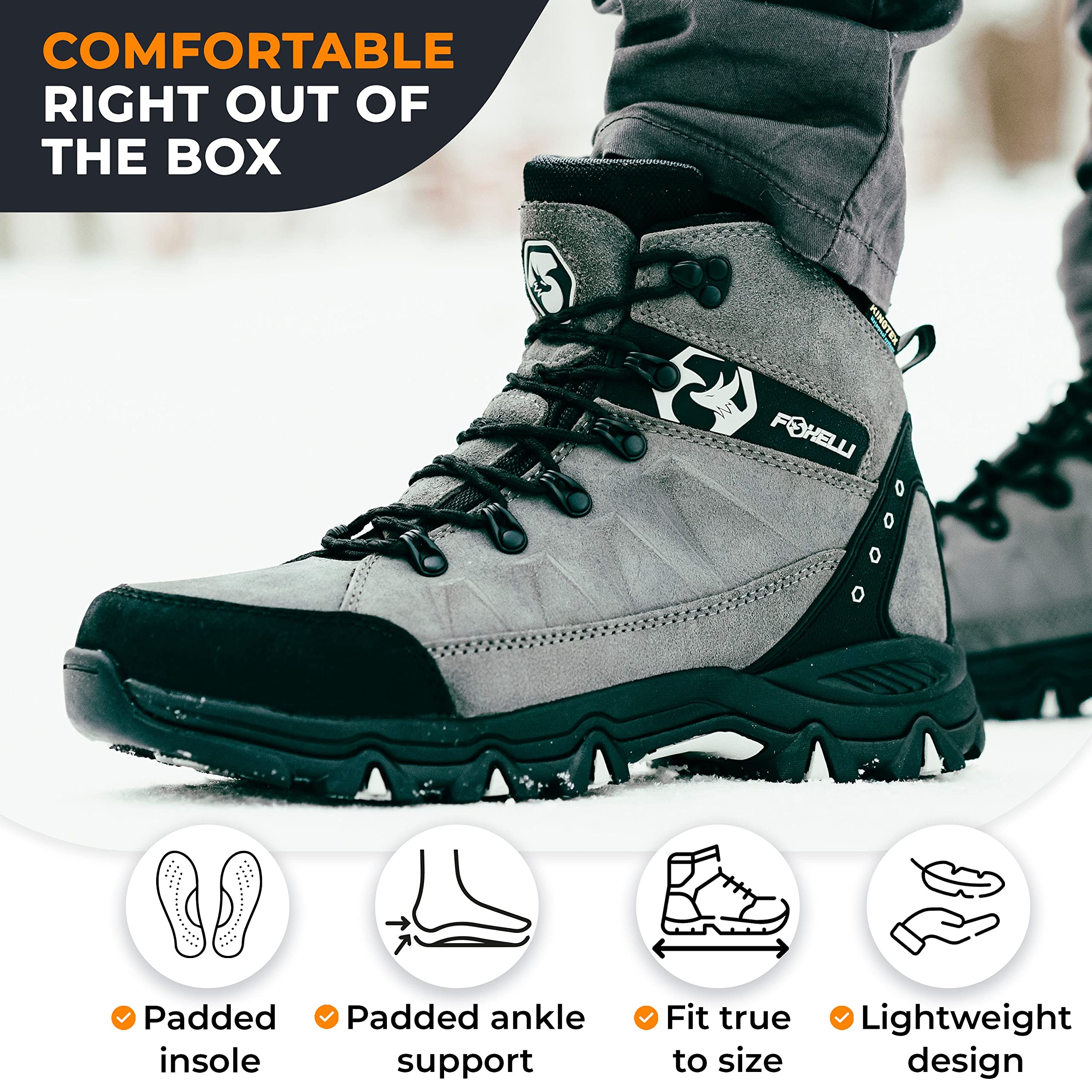 Foxelli Men’s Waterproof Hiking Boots - Lightweight Breathable Suede Leather Outdoor Boots for Trekking, Camping & Mountain Climbing