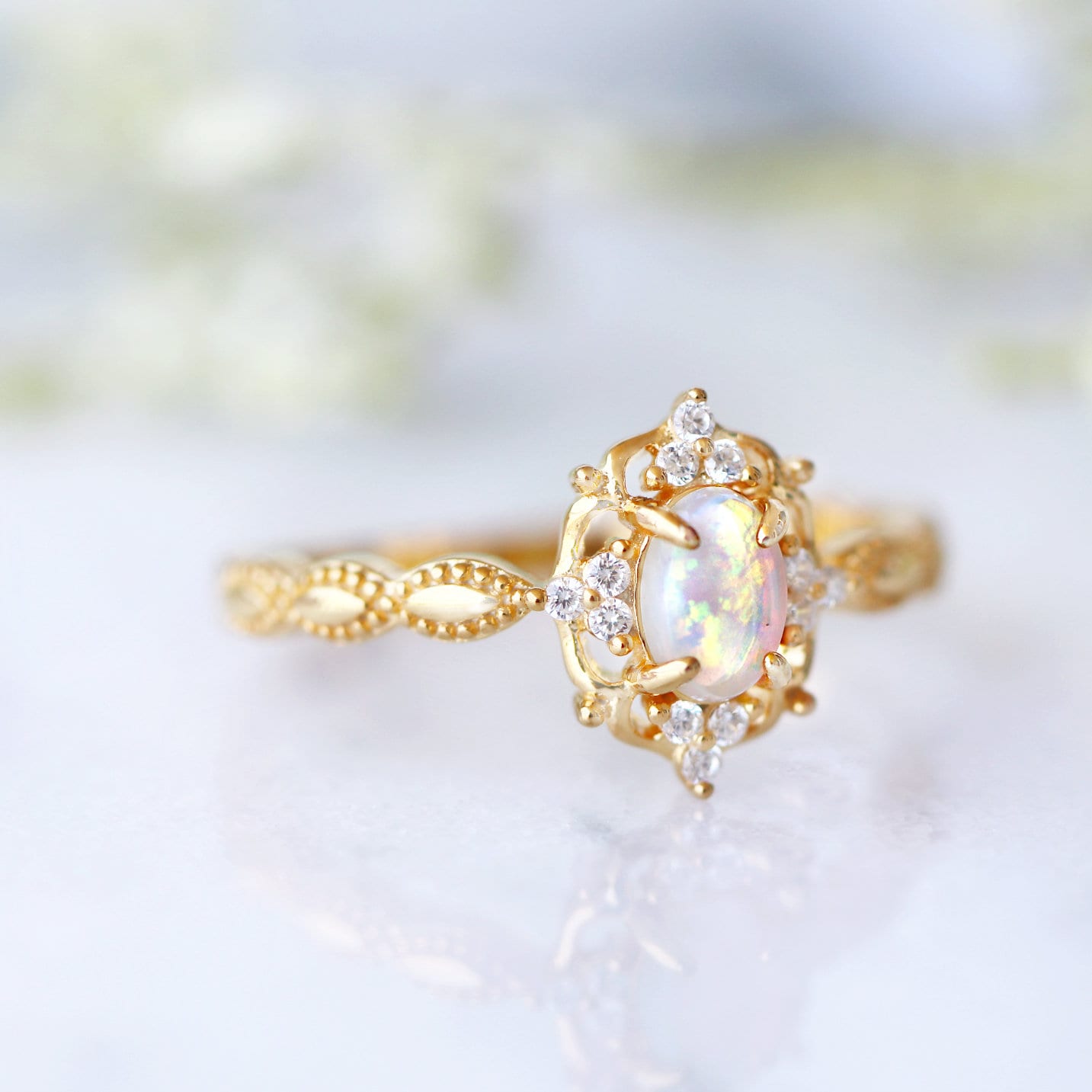 Claire Australian Opal Ring 14K Yellow Gold Vermeil - Elegant Birthstone Jewelry for Women, Perfect Gift for Anniversary, Birthday & Special Occasions