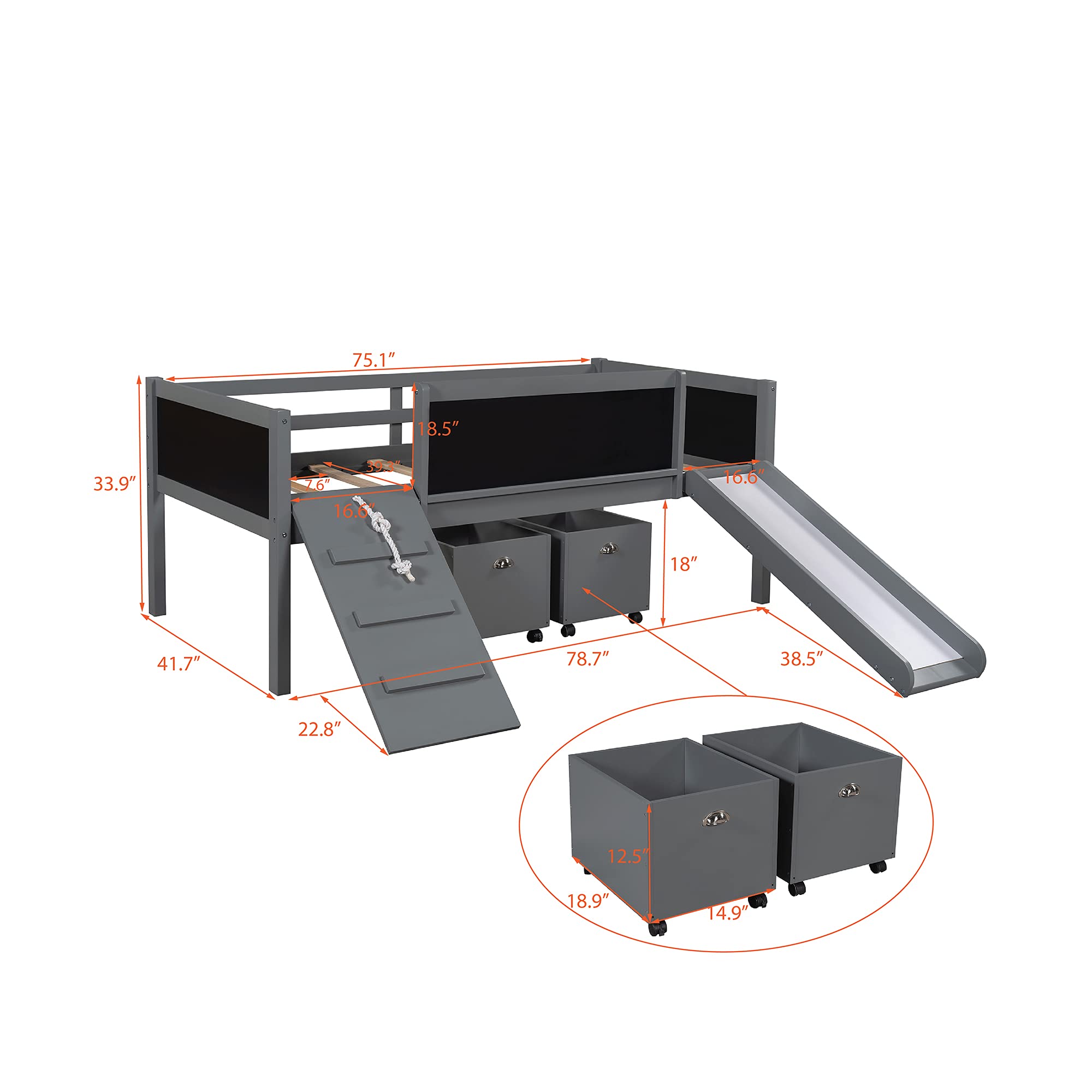 Harper & Bright Designs Twin Size Kids Loft Bed with Slide - Wooden Low Loft Bed Frame with 2 Storage Boxes for Boys & Girls, Gray - Perfect for Small Bedrooms & Playrooms