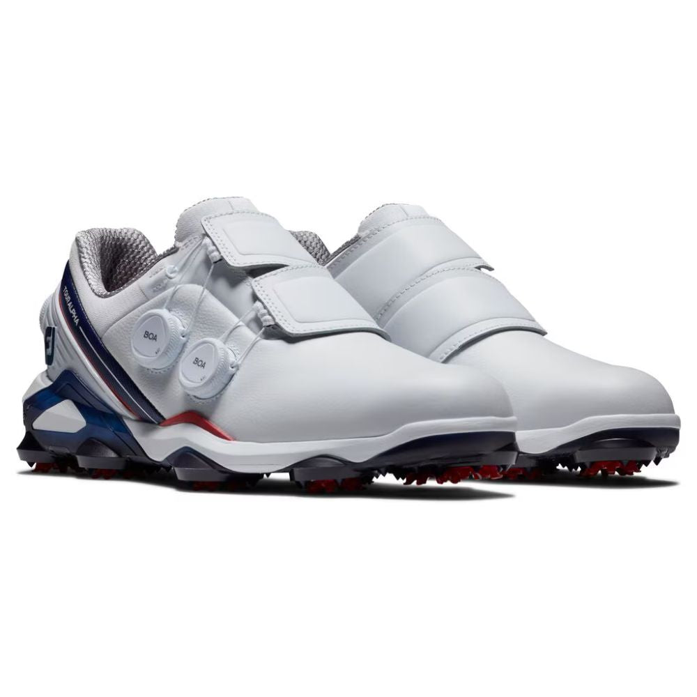 FootJoy Men's Tour Alpha Triple BOA Golf Shoes - White/Red/Navy - Waterproof Spiked Golf Shoes for Men - Perfect for Tournament Play & All-Weather Performance