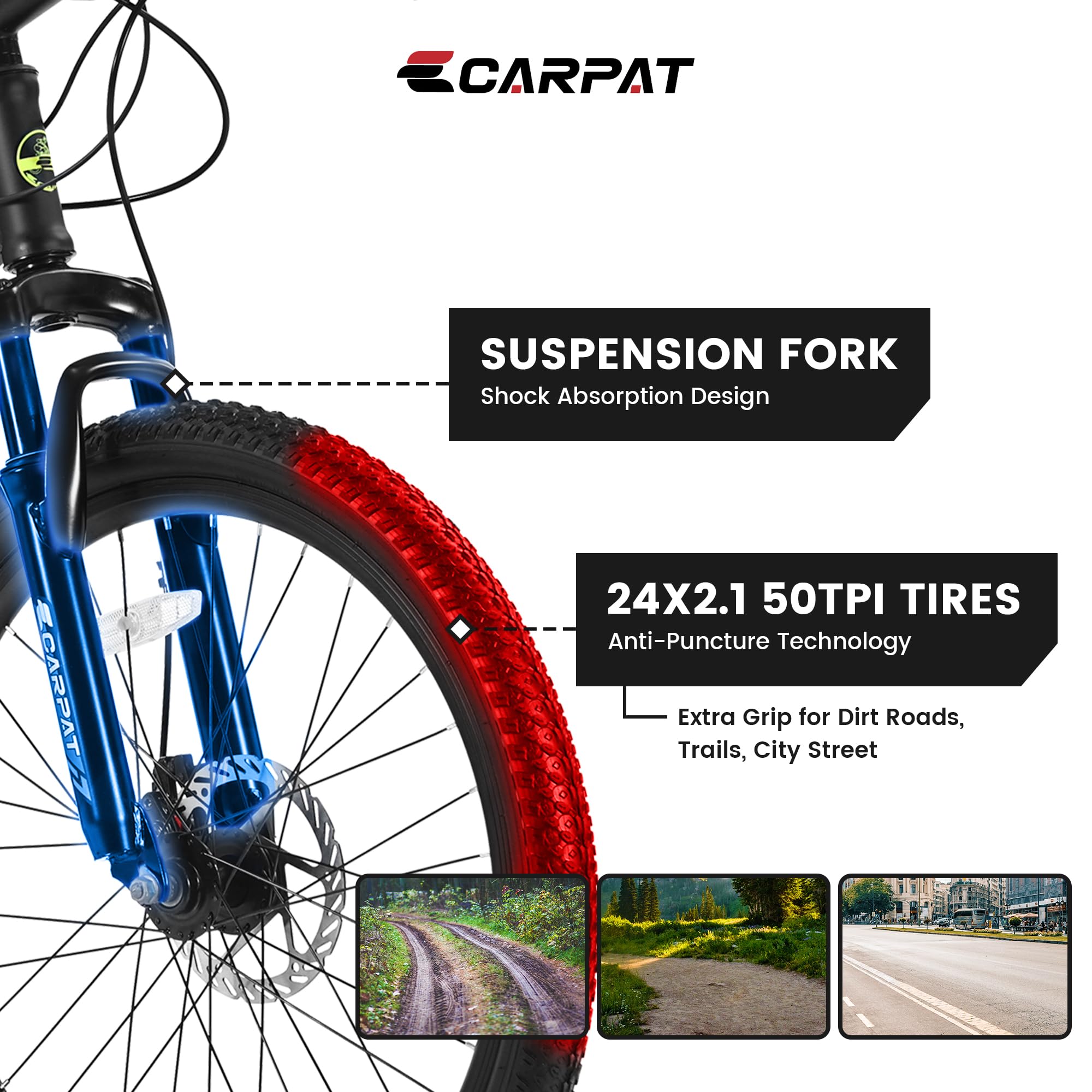 **24/26 Inch High Carbon Steel Mountain Bike - 21-Speed MTB with All-Terrain Tires, Suspension Fork & Dual Disc Brakes for Men & Women - Perfect for Trail Riding, Commuting & Outdoor Adventures**