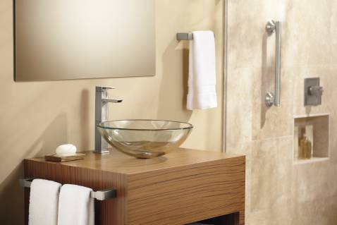 Moen YB8818BN 90 Degree 18-Inch Brushed Nickel Towel Bar - Bathroom Wall Mounted Towel Rack for Modern Home Decor & Spa-Like Experience
