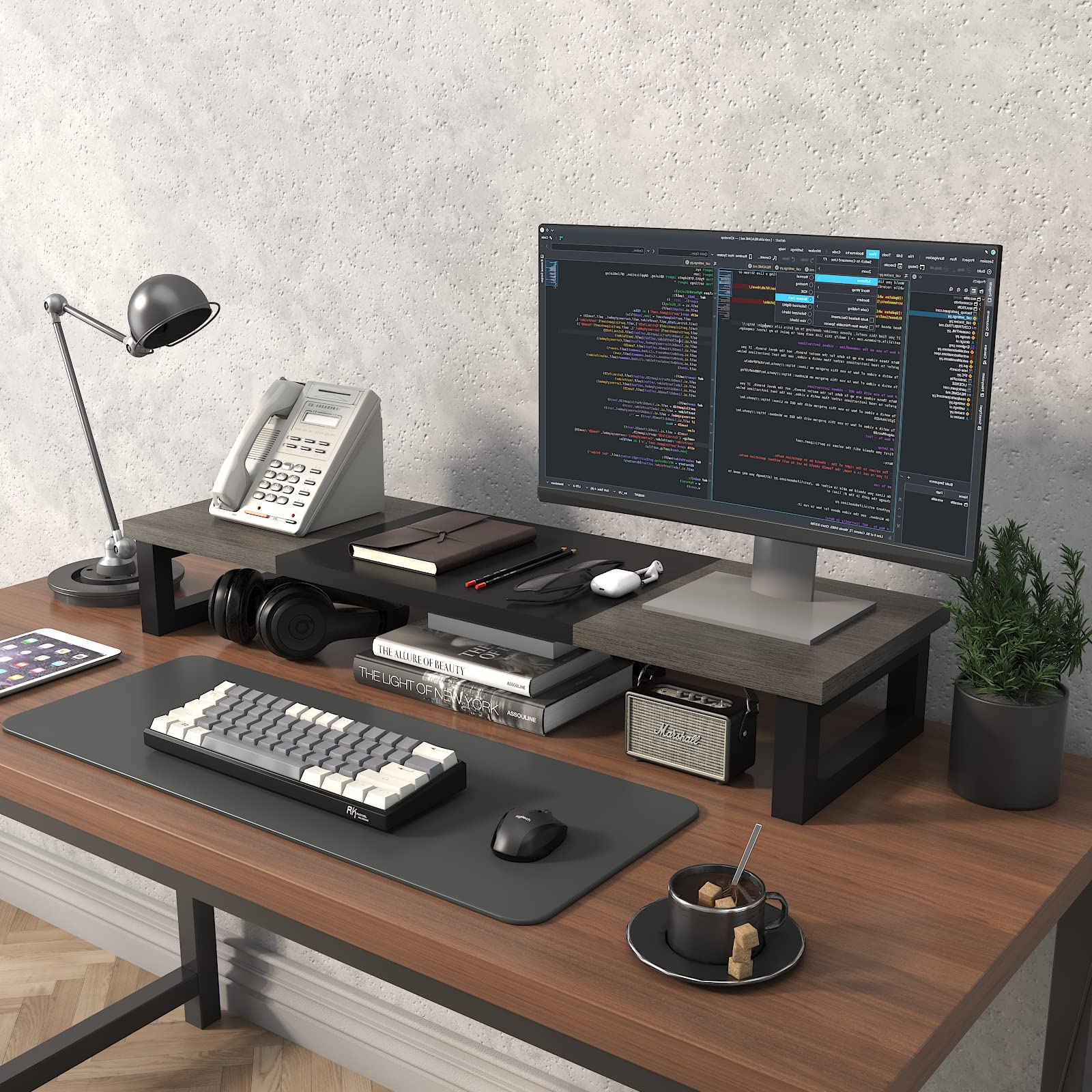 Premium WESTREE Dual Monitor Stand Riser - Sturdy Wood & Steel Construction - Ergonomic Computer Monitor Stand for 2 Screens - Multi-Functional Desktop Organizer for Computer, Laptop, Printer & TV - Perfect for Home Office, Gaming Setup & Workspace Organization