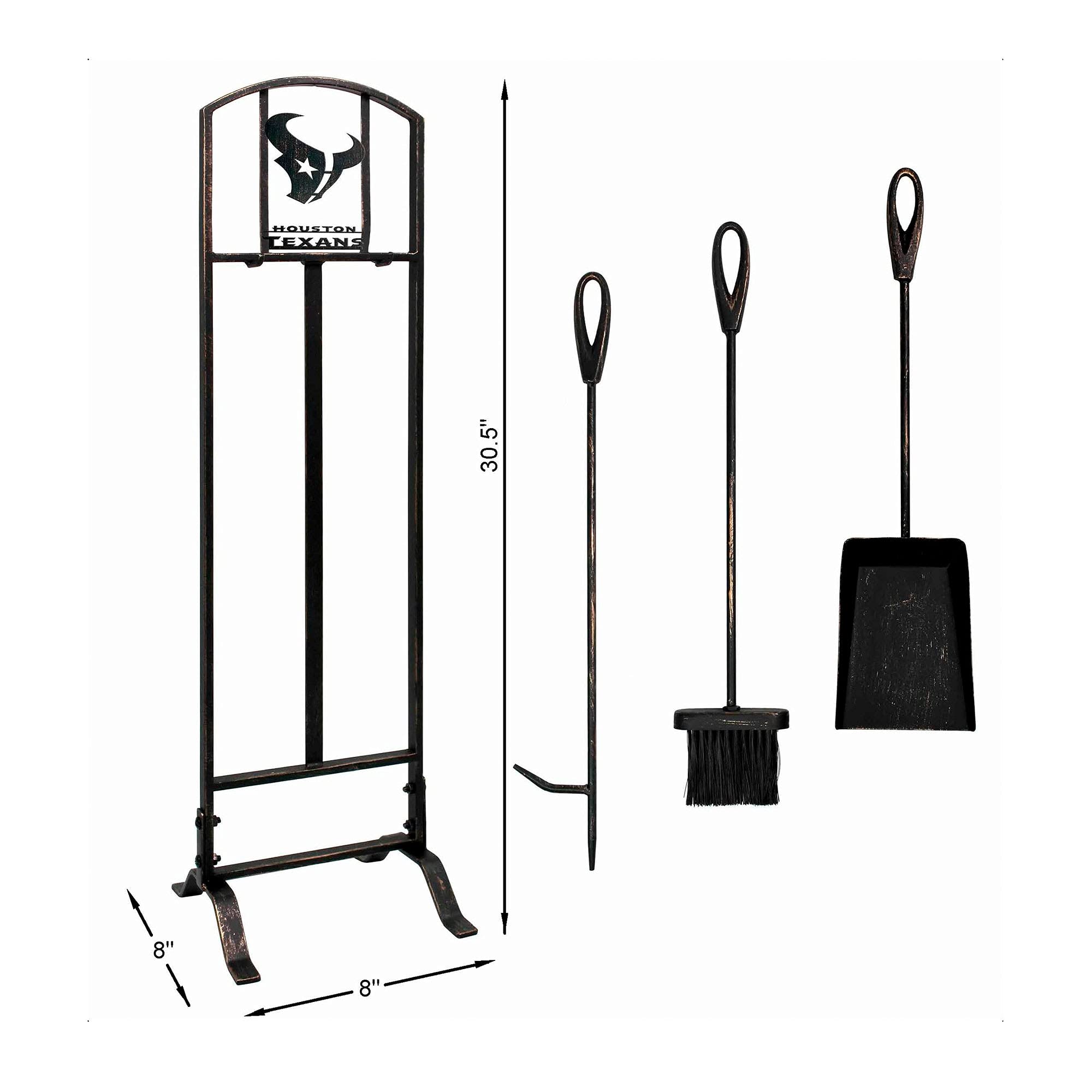 Houston Texans NFL Fireplace Tool Set - Heavy Duty Steel Poker, Shovel, Brush & Stand - Perfect for Fireplace Maintenance & Home Decor