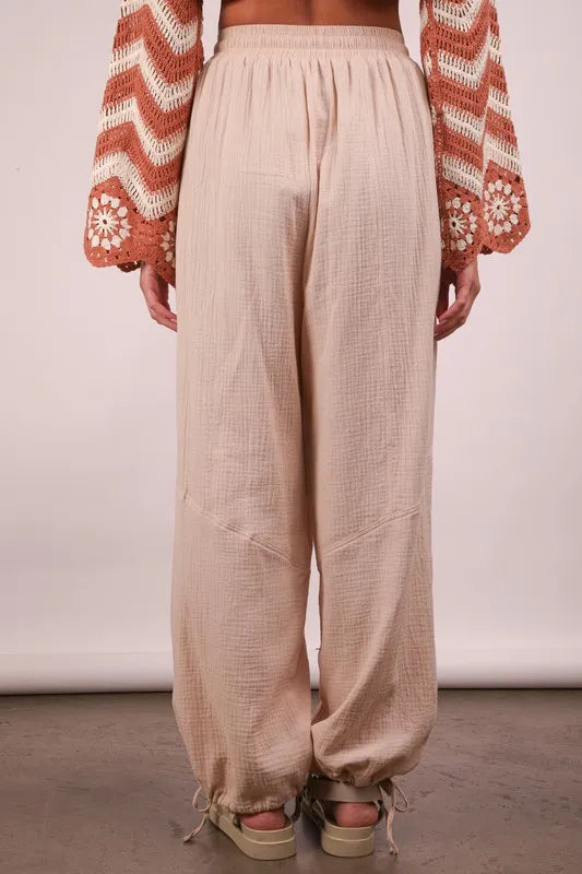Beige Wide Leg Gauze Beach Pants for Women - Soft & Breathable Summer Lounge Pants - Boho Chic Vacation Wear for Beach, Yoga & Casual Outings