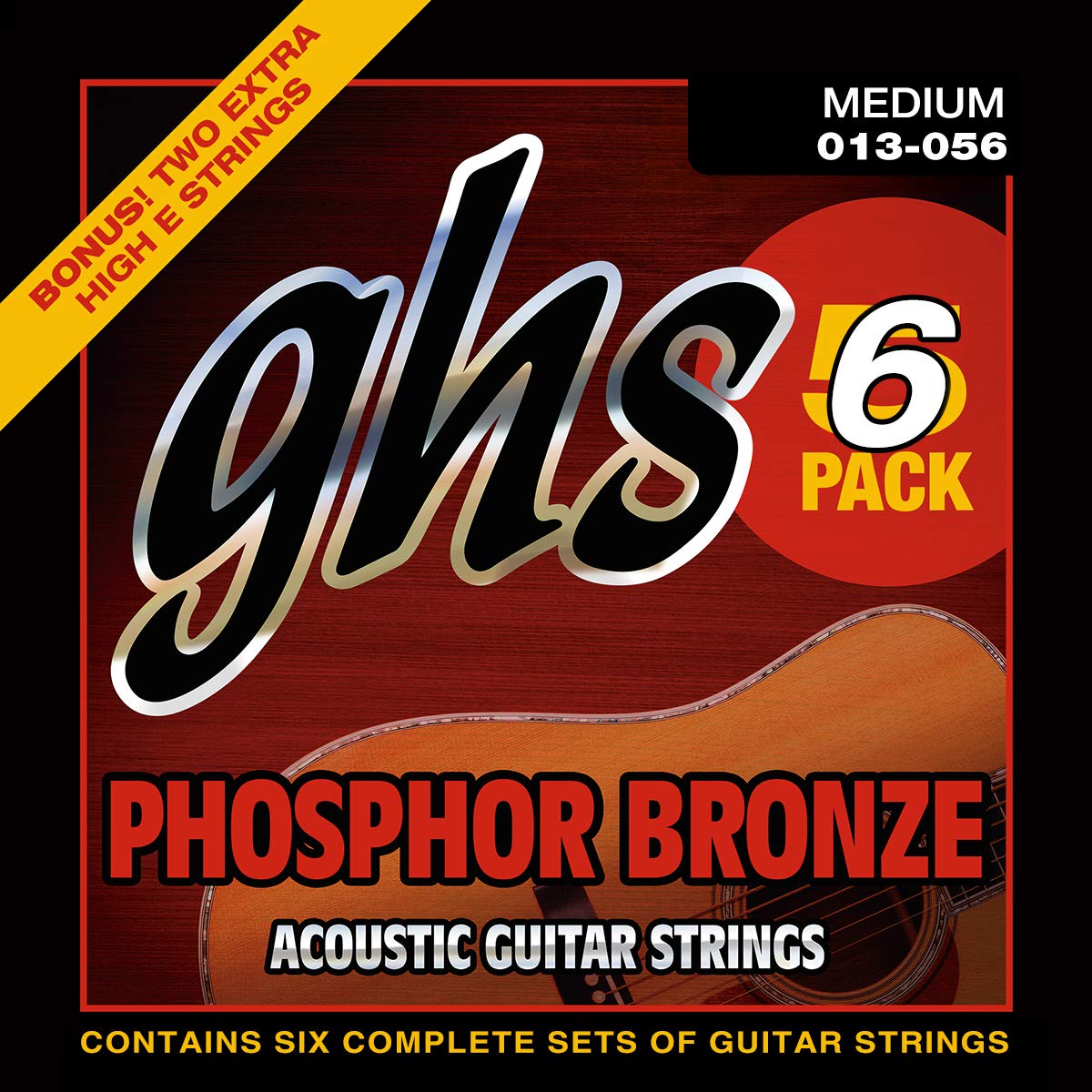 GHS Strings S335-5 Phosphor Bronze Acoustic Guitar Strings - Medium Gauge (13-56) - 6 Pack - Warm Balanced Tone for Folk, Country & Fingerstyle Playing