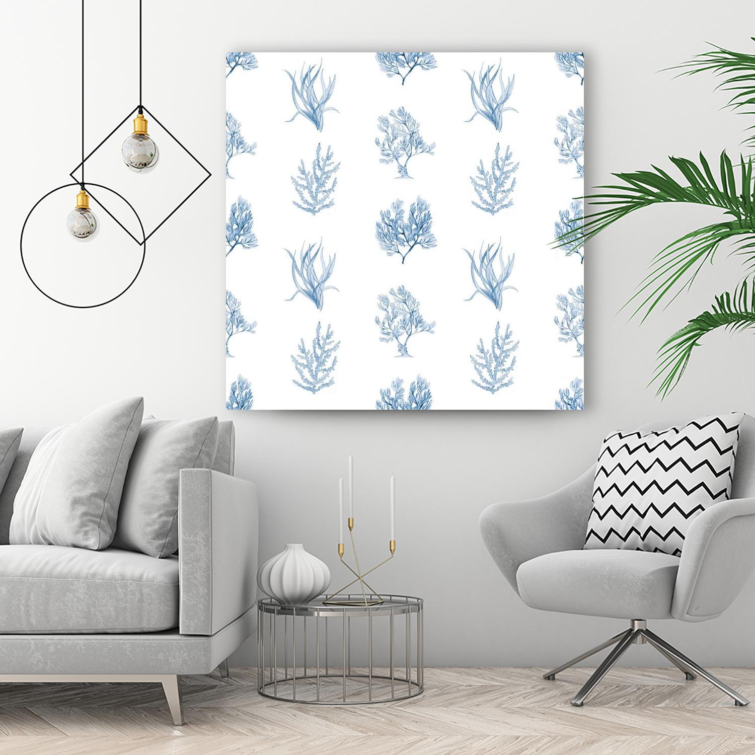 Blue Seagrass Pattern Home Decor - Coastal Style Wall Art, Throw Pillow & Table Runner Set for Beach House & Boho Living Room