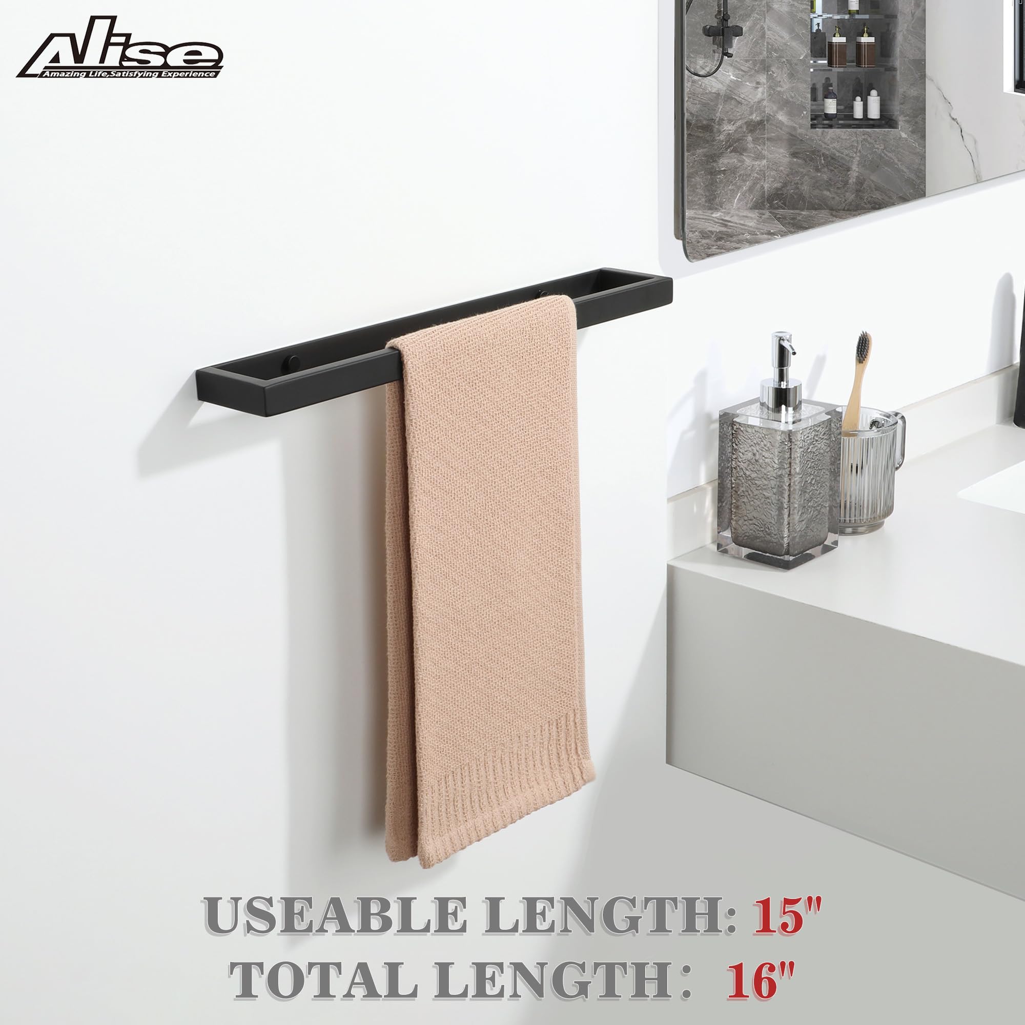 16 Inch Stainless Steel Towel Bar - SUS304 Matte Black Bathroom Towel Holder for Hand & Bath Towels - Wall Mounted Towel Rack for Bathroom, Lavatory & Spa - Durable & Rustproof Design