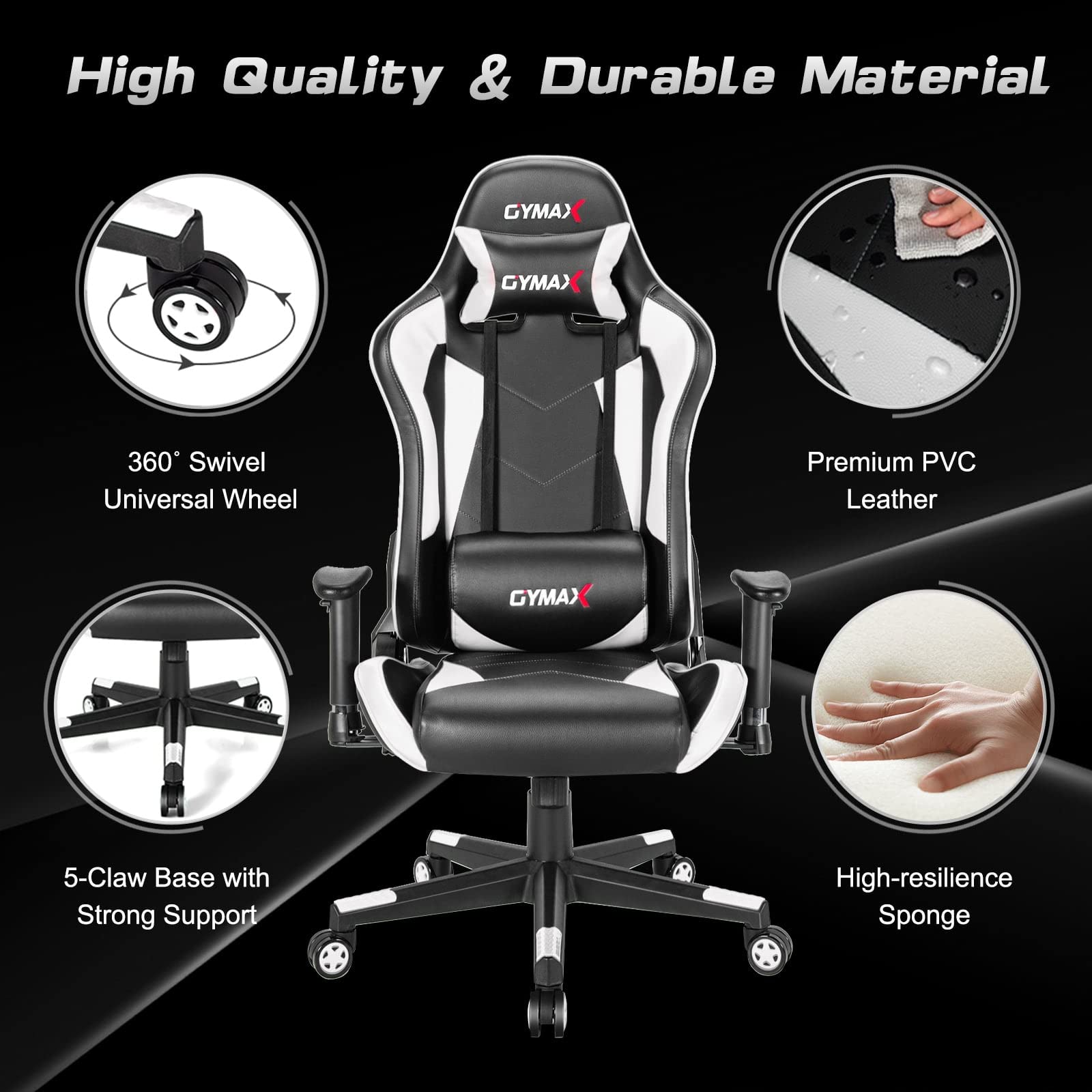 GYMAX Ergonomic Gaming Chair - Adjustable Racing Style Office Chair with Lumbar Support & Headrest, 360° Swivel, Height Adjustable for Home, Office & Gaming Setup - Perfect for Esports, Work & Leisure (White)
