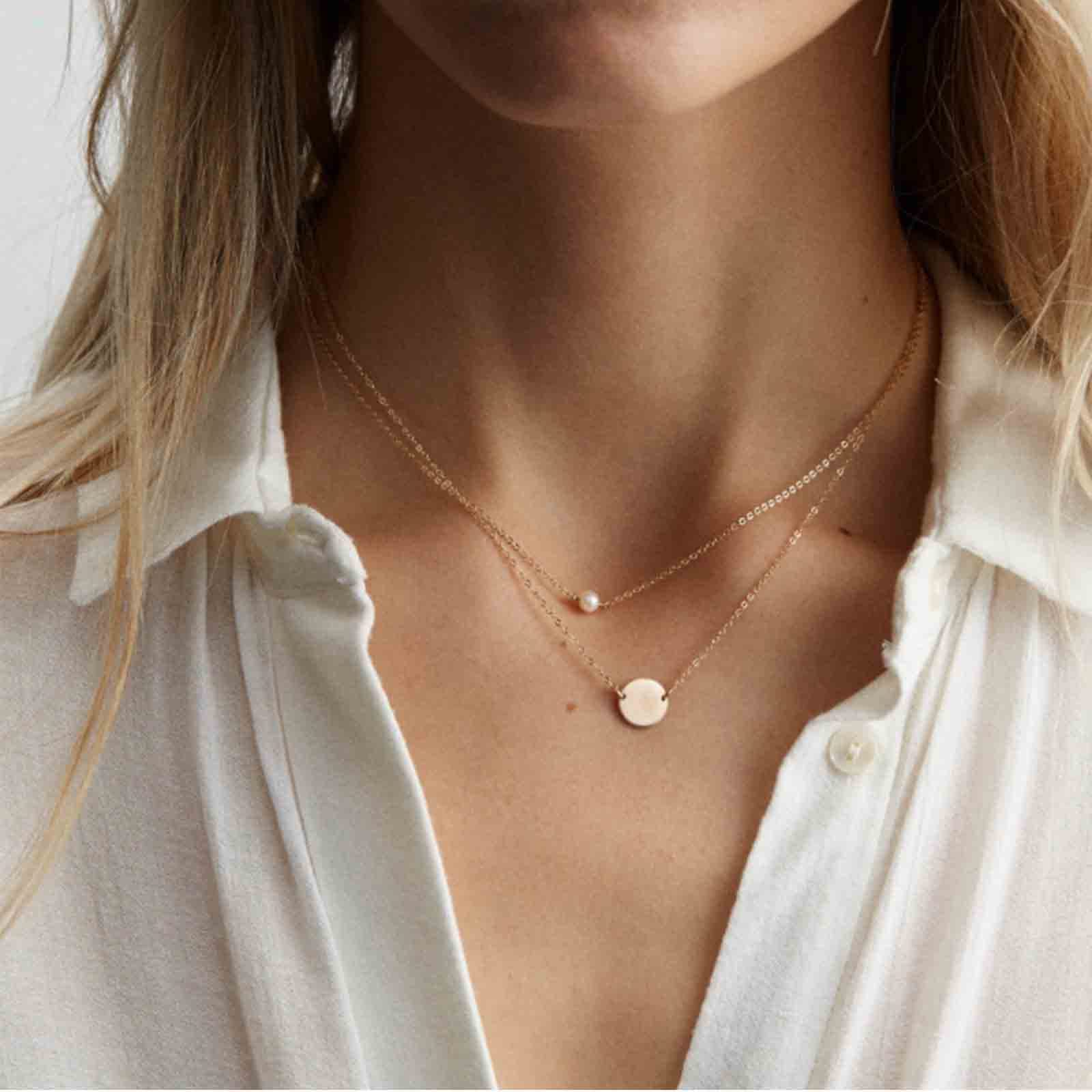 Boho Layered Pearl Necklace with Gold Coin Disc & Tiny Pearl Pendant - Vintage Choker Chain Jewelry for Women | Perfect for Casual Wear, Date Nights & Layering Outfits