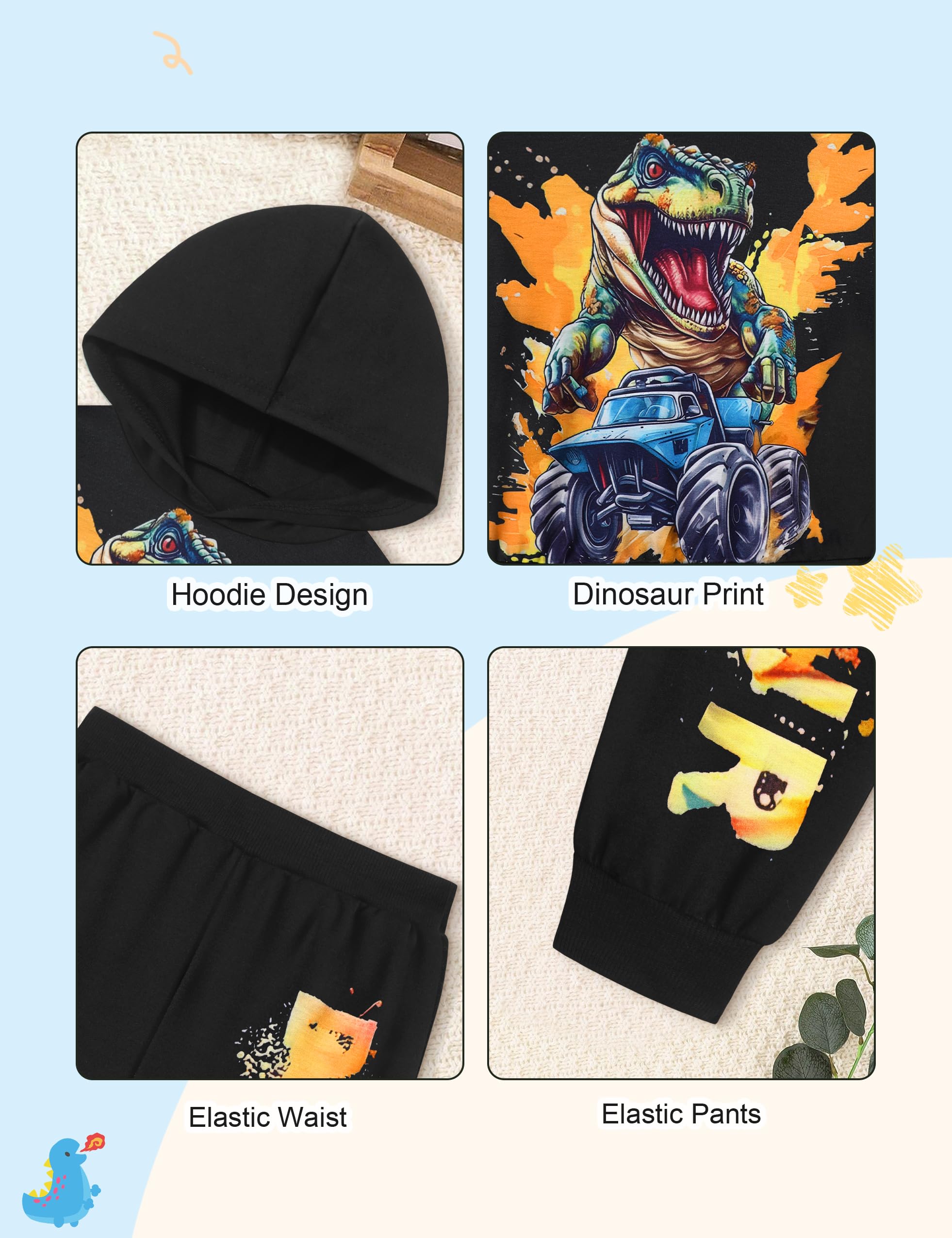 Dinosaur Printed Toddler Boys Clothes Set 3-7 Years - Long Sleeve Hoodie & Pants Outfit for Playtime, School & Outdoor Activities