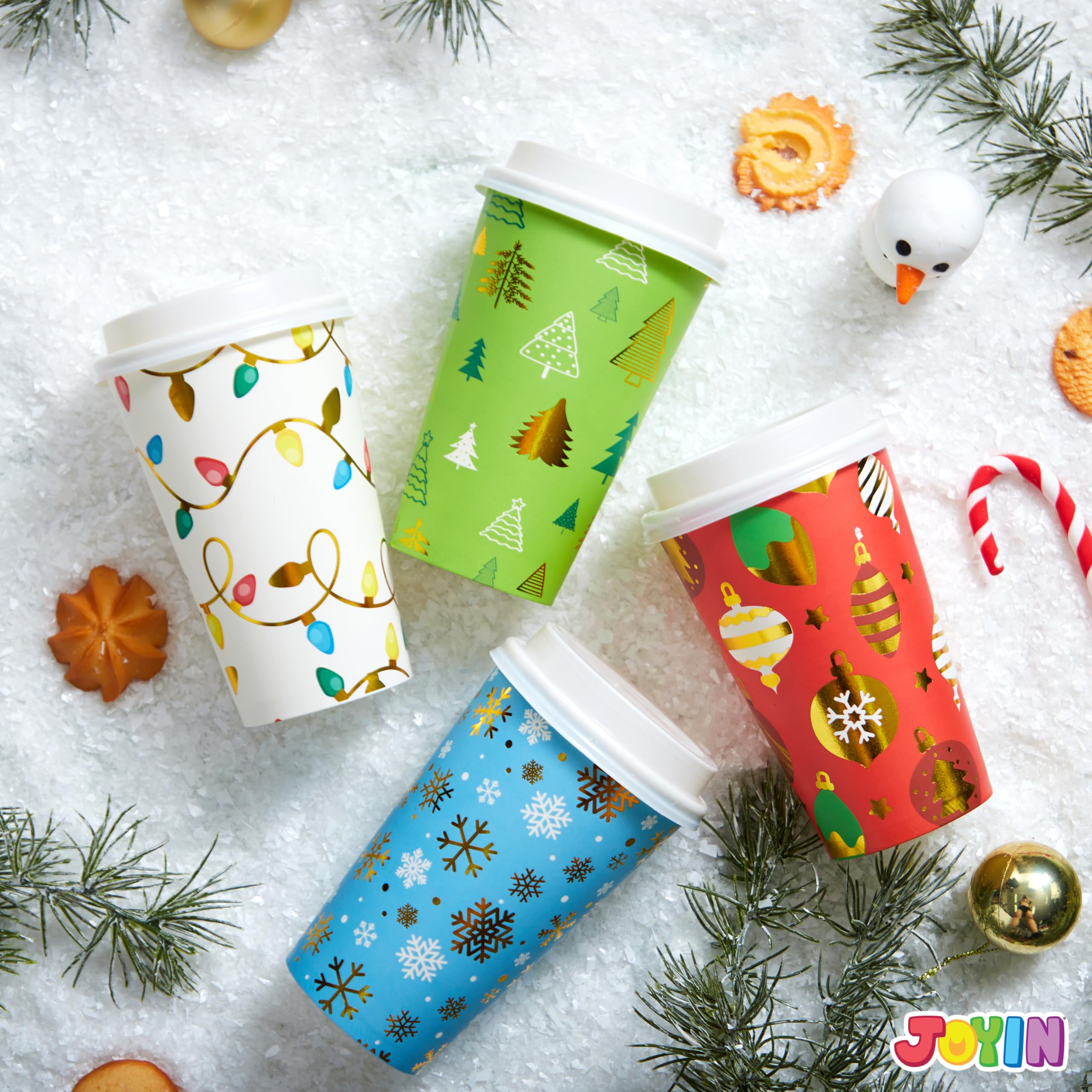 JOYIN 24-Pack 16oz Christmas Disposable Paper Cups with Lids & Sleeves - 4 Festive Designs for Holiday Parties, Winter Drinks & Home Decor - Perfect for Xmas Celebrations, Hot Cocoa, Eggnog & Seasonal Beverages