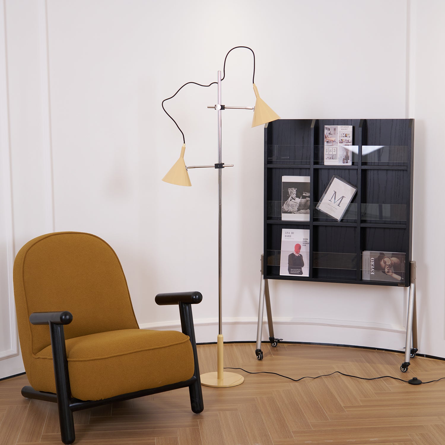 Modern Brass Floor Lamp - Adjustable Height & Dimmable Light for Living Room, Bedroom, or Office Decor